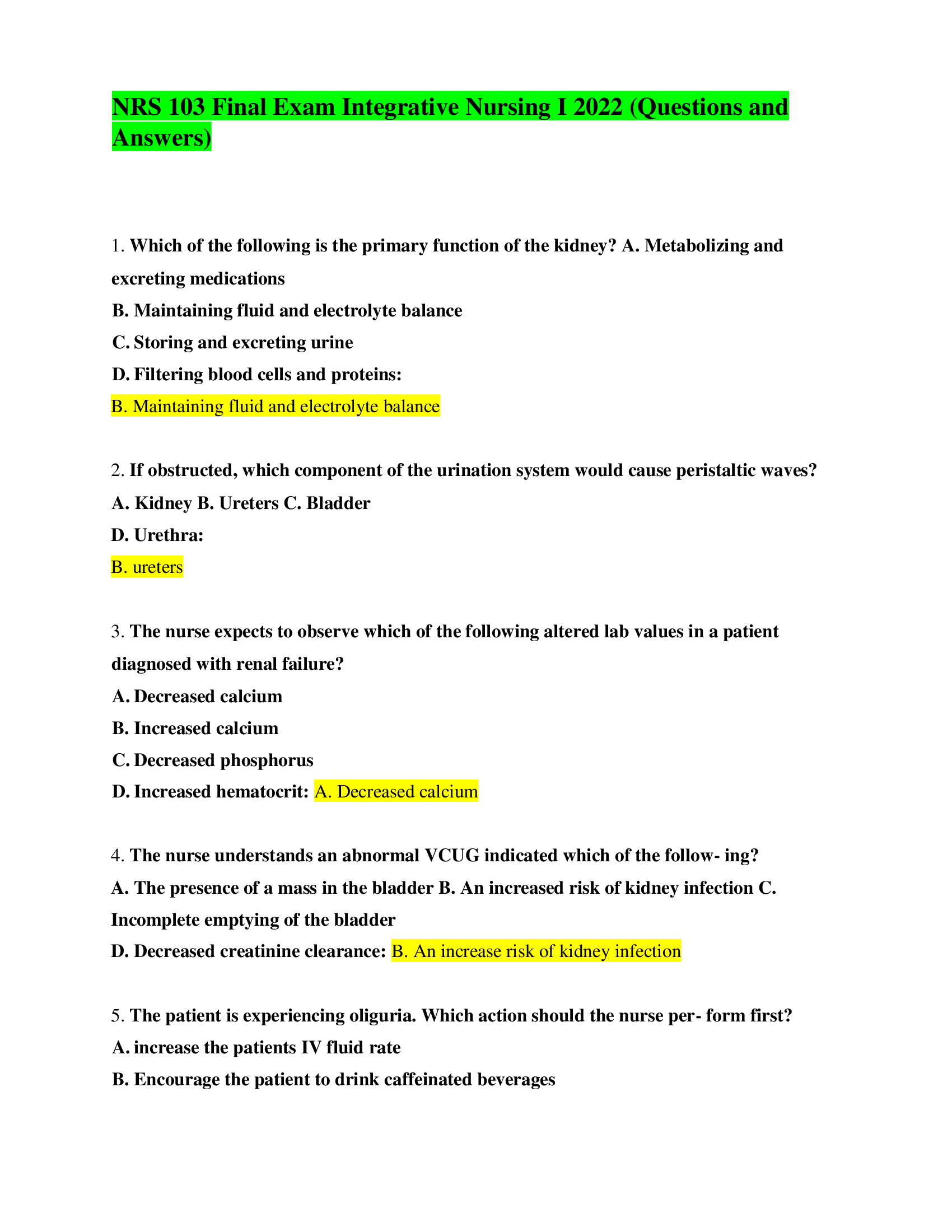 NRS 103 Final Exam Integrative Nursing I 2022 (Questions and Answers)