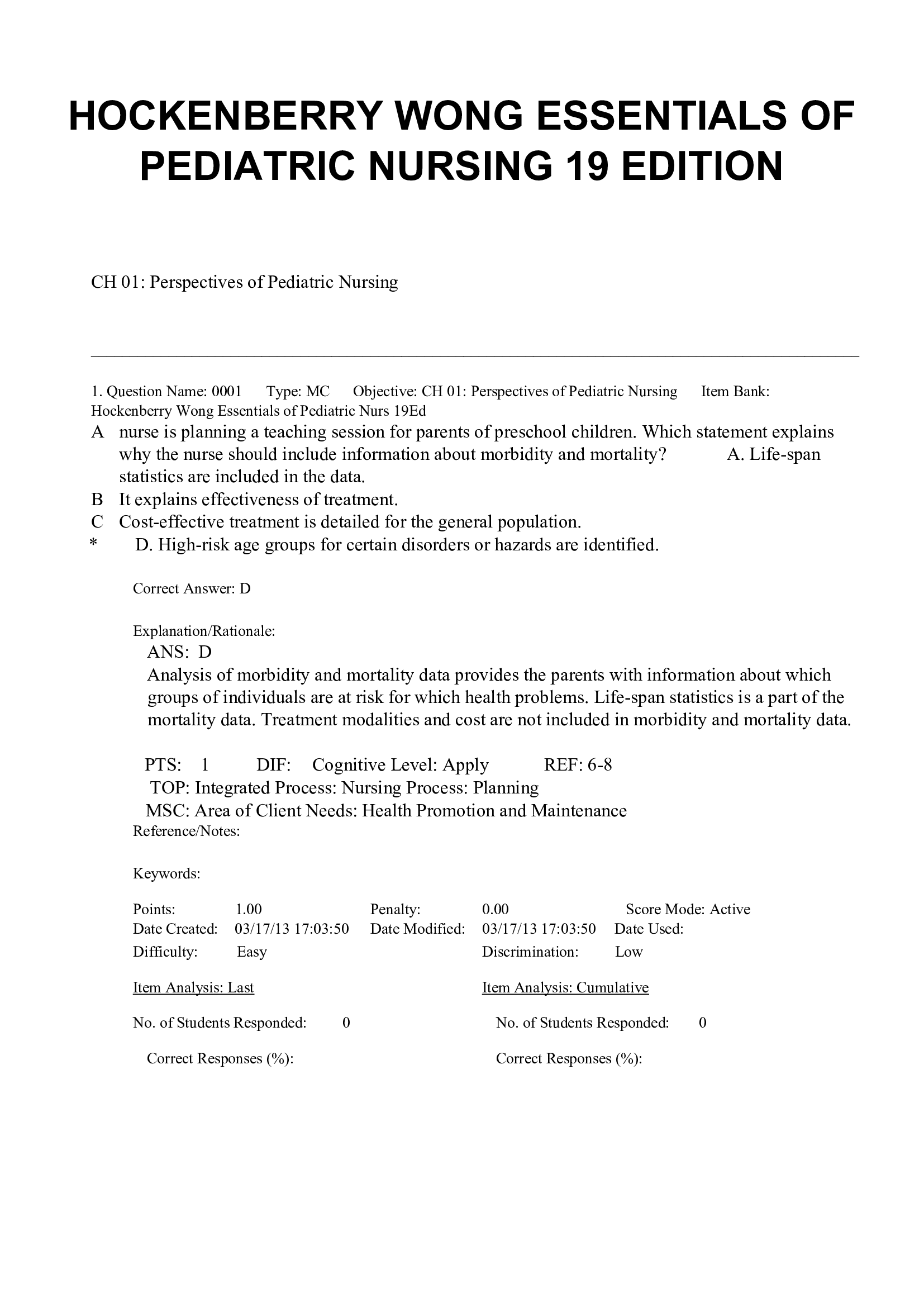 HOCKENBERRY WONG ESSENTIALS OF PEDIATRIC NURSING 19 EDITION