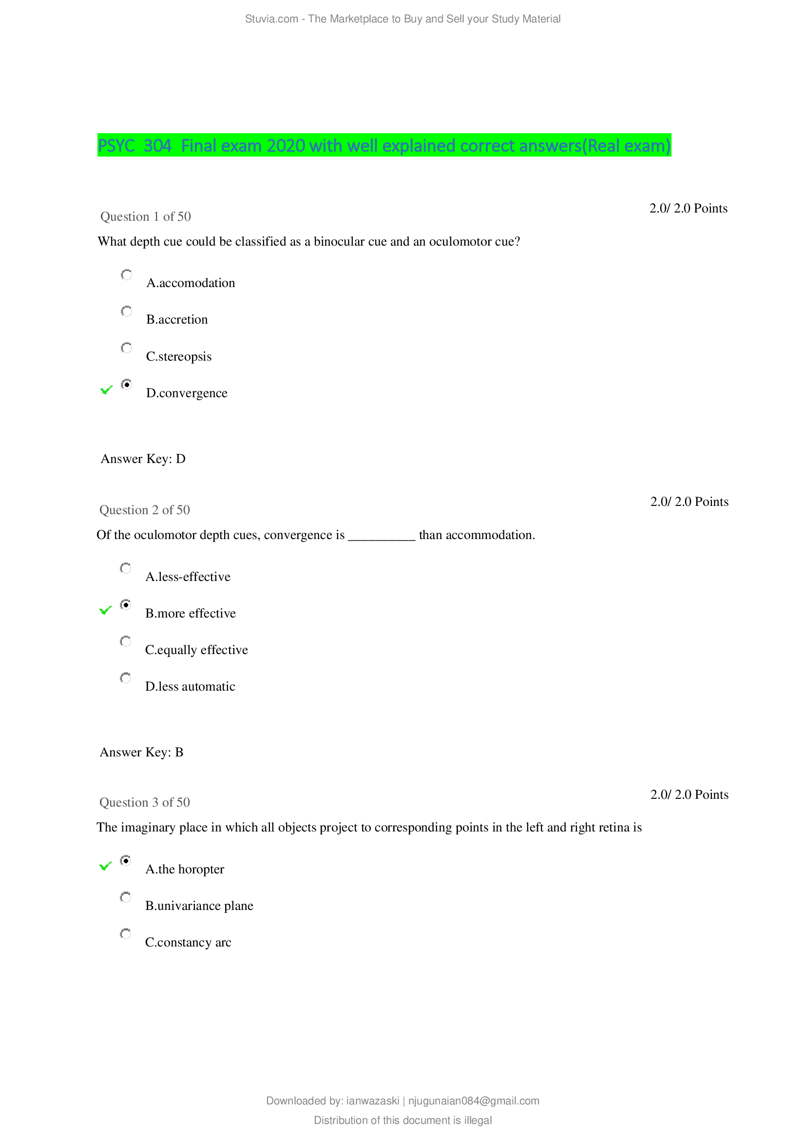 PSYC  304  Final exam 2020 with well explained correct answers(Real exam)