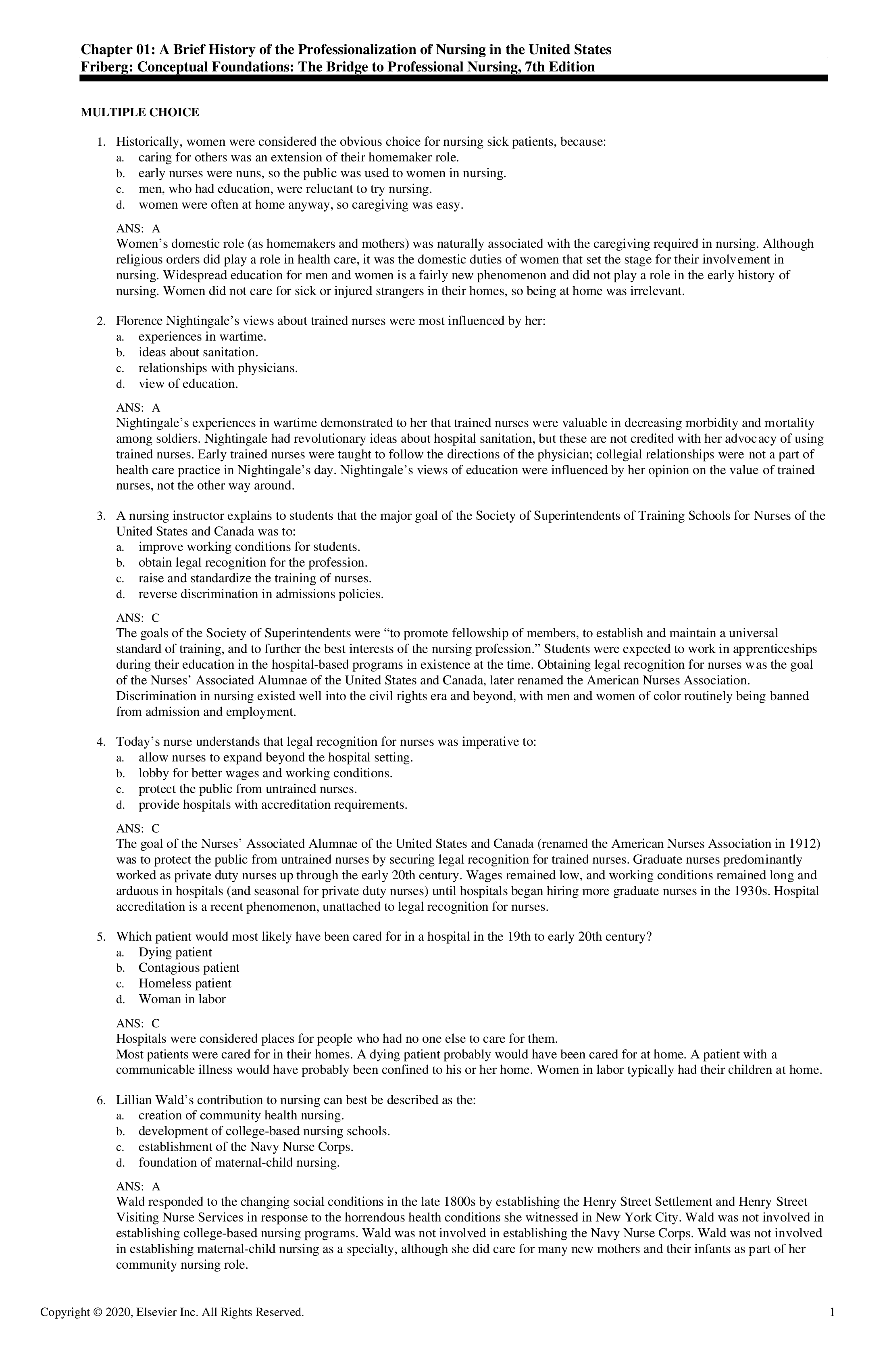 Test Bank for Conceptual Foundations: The Bridge to Professional Nursing Practice 7th Edition by Friberg