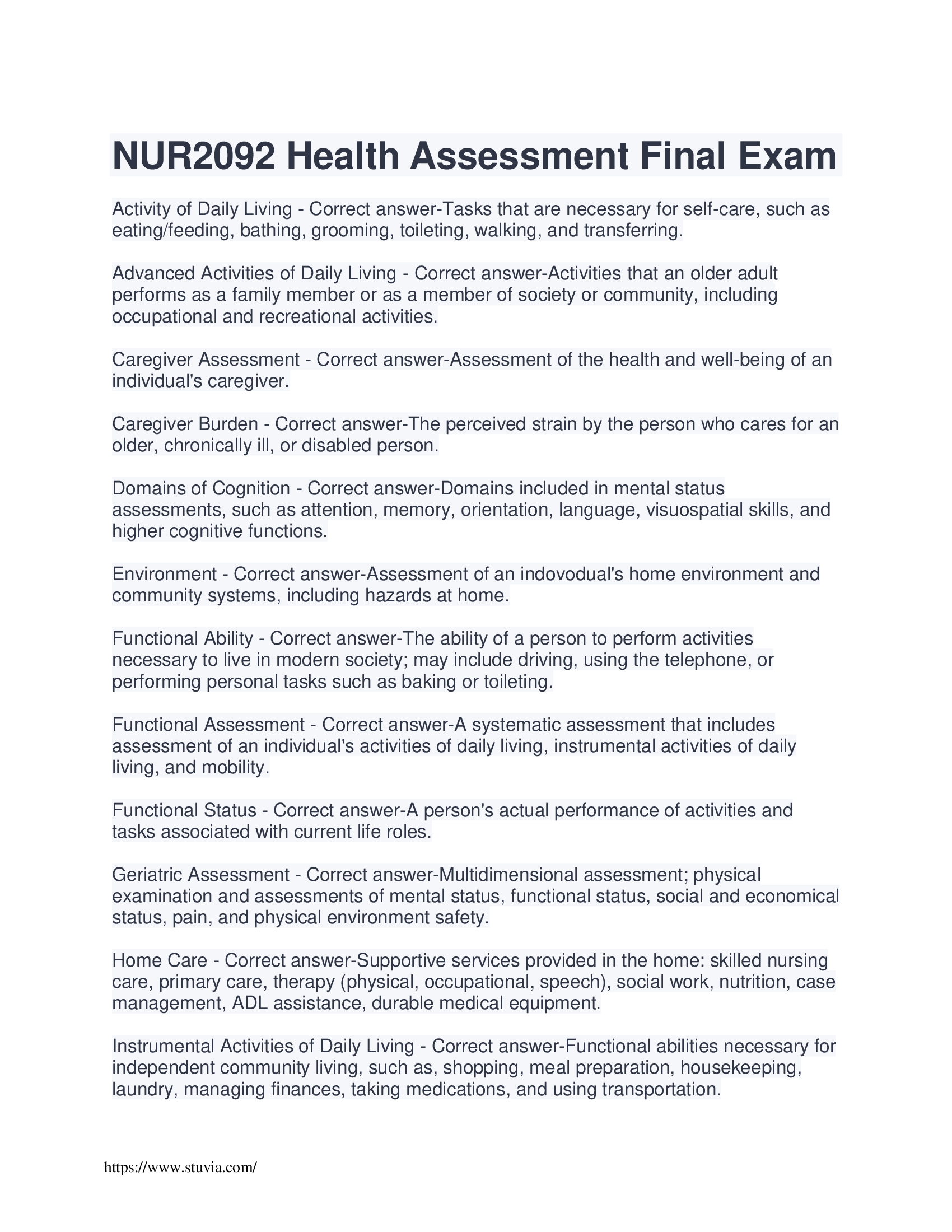NUR2092 Health Assessment Final Exam