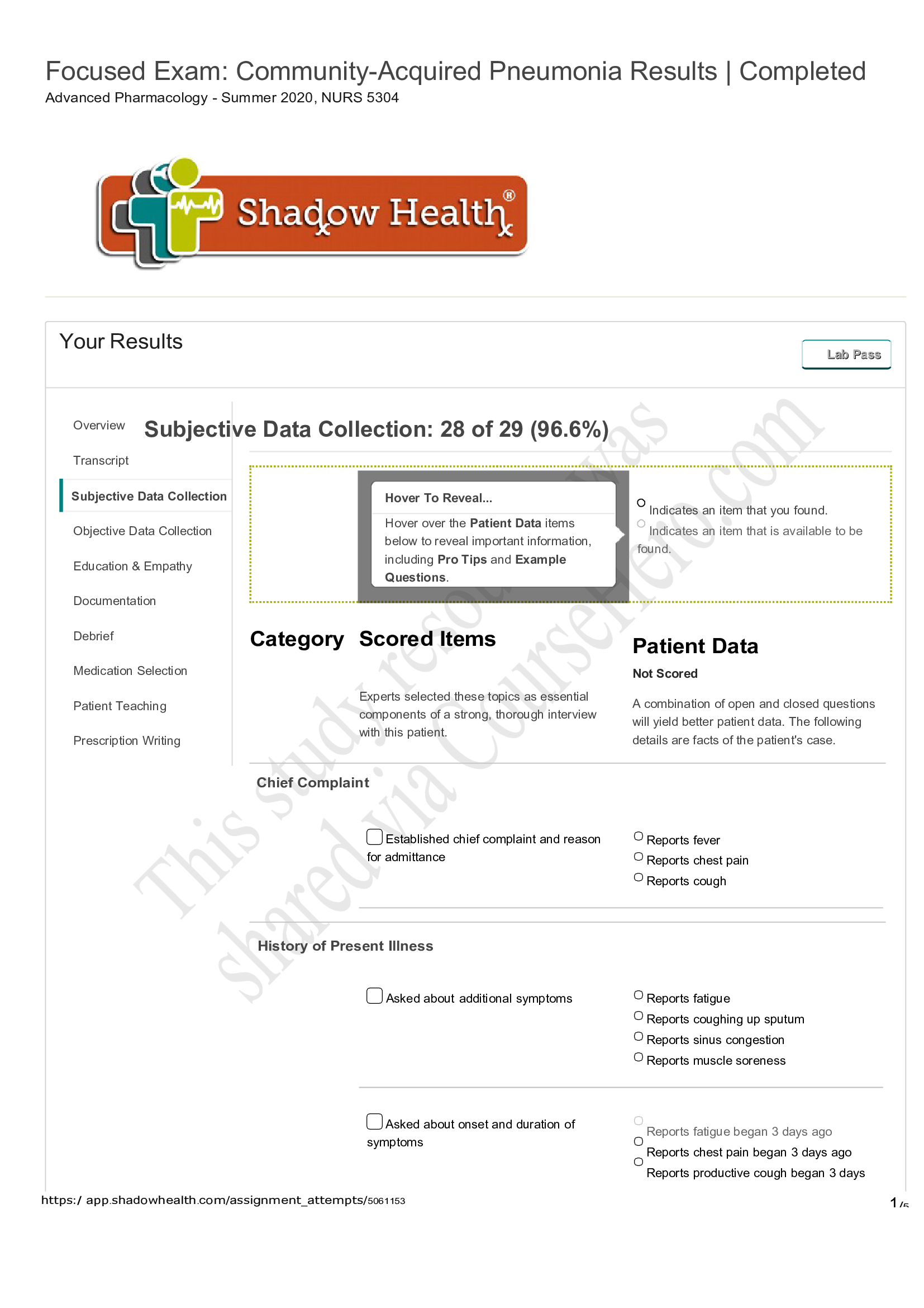 Focused Exam, Community Acquired Pneumonia Results: Completed
