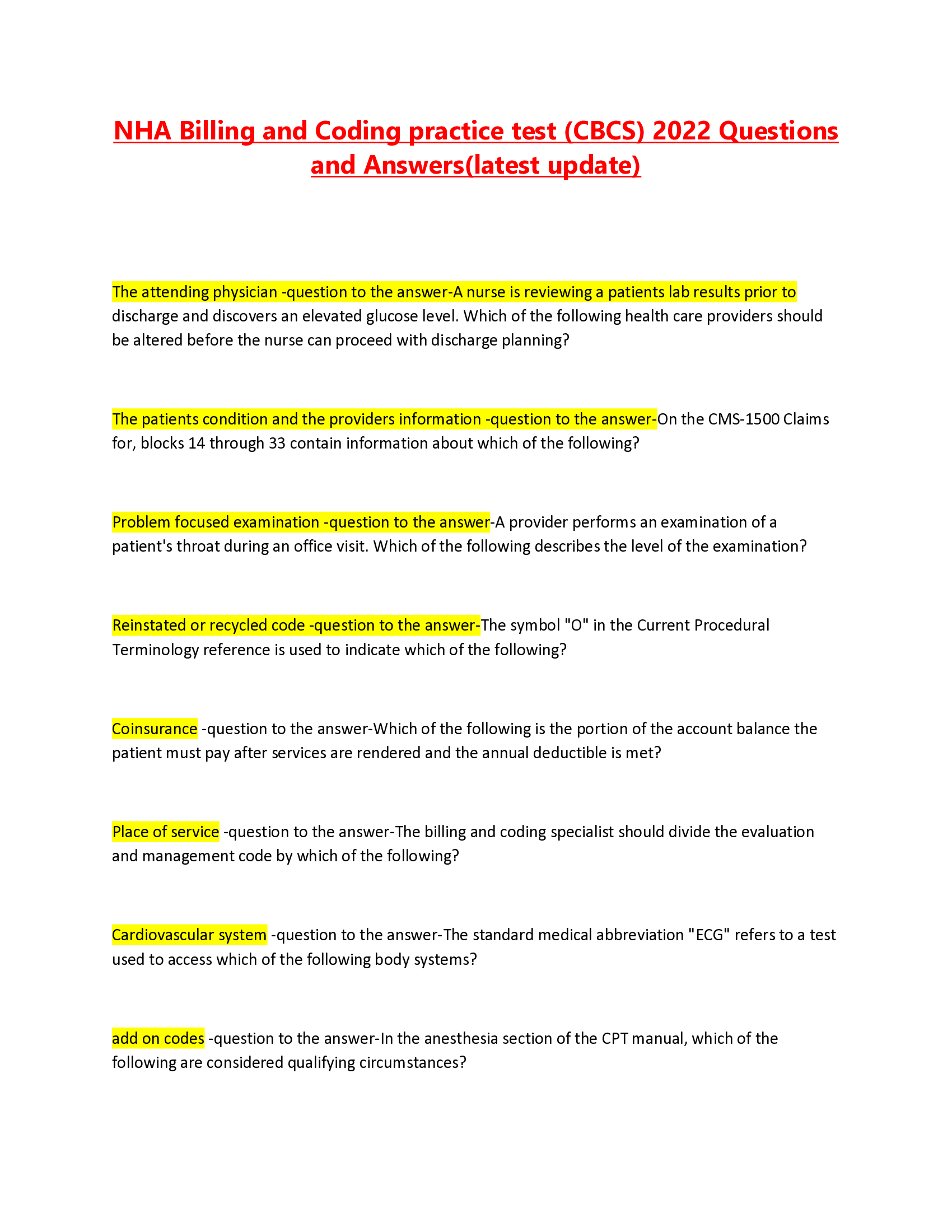 NHA Billing and Coding practice test (CBCS) Questions and Answers (latest update)