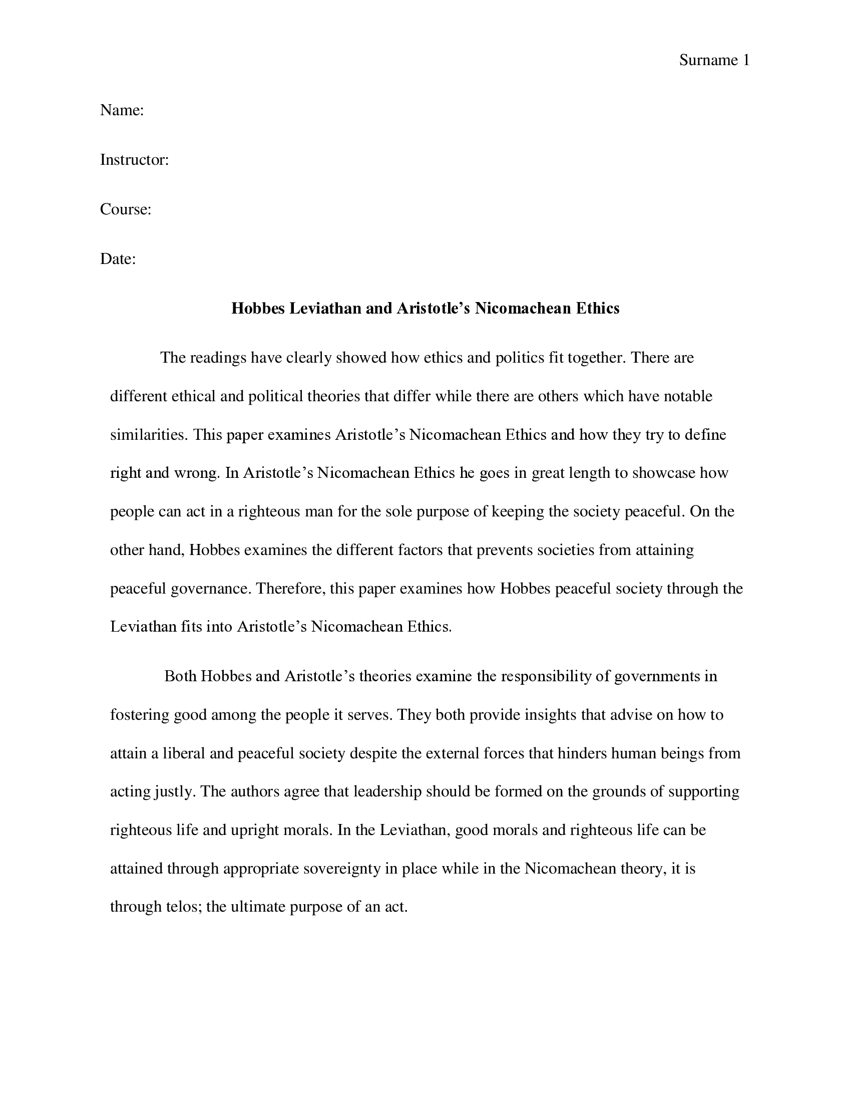 Comparison of Hobbes Leviathan and Aristotle’s Nicomachean Ethics