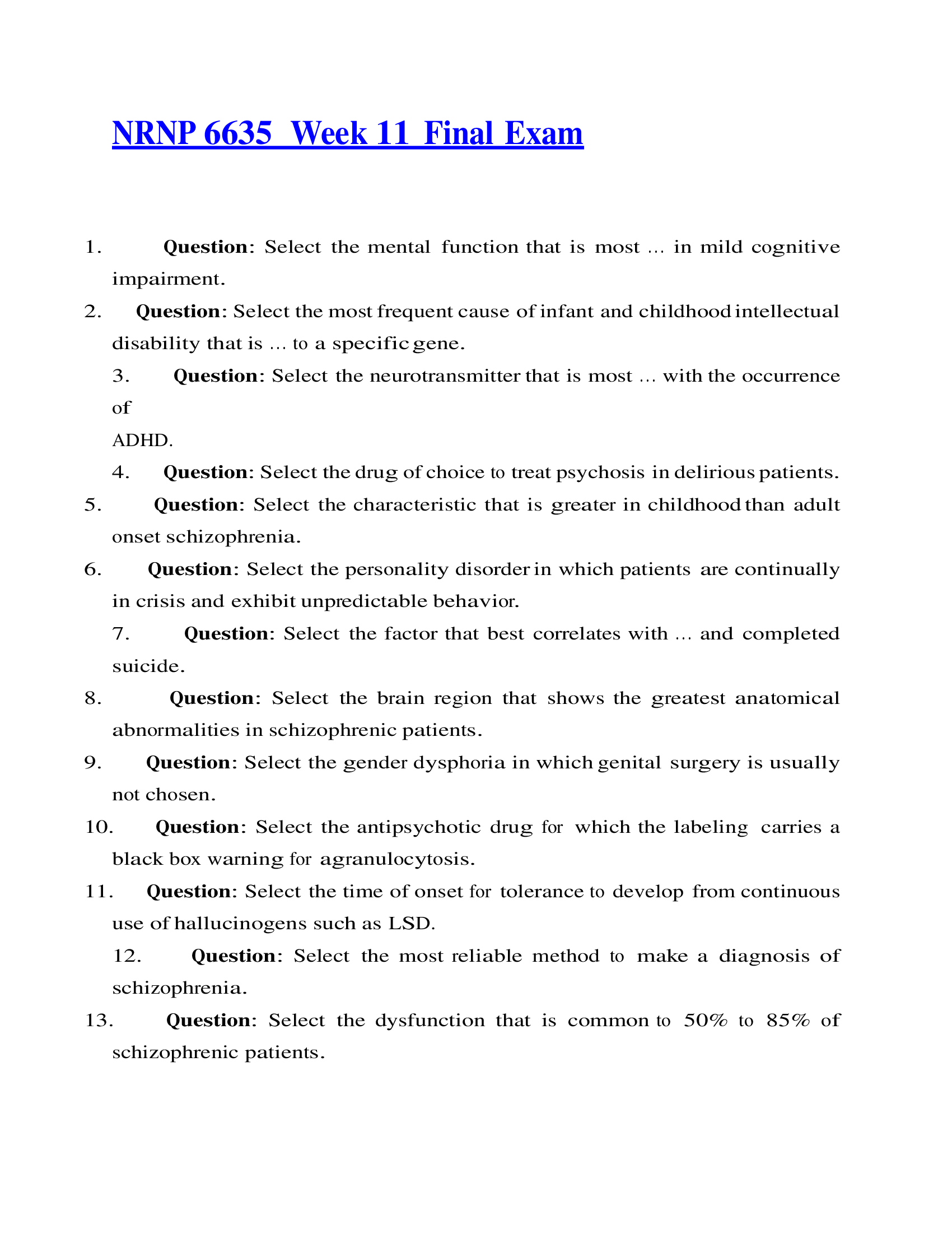 NRNP 6635 Week 11 Final Exam 2022