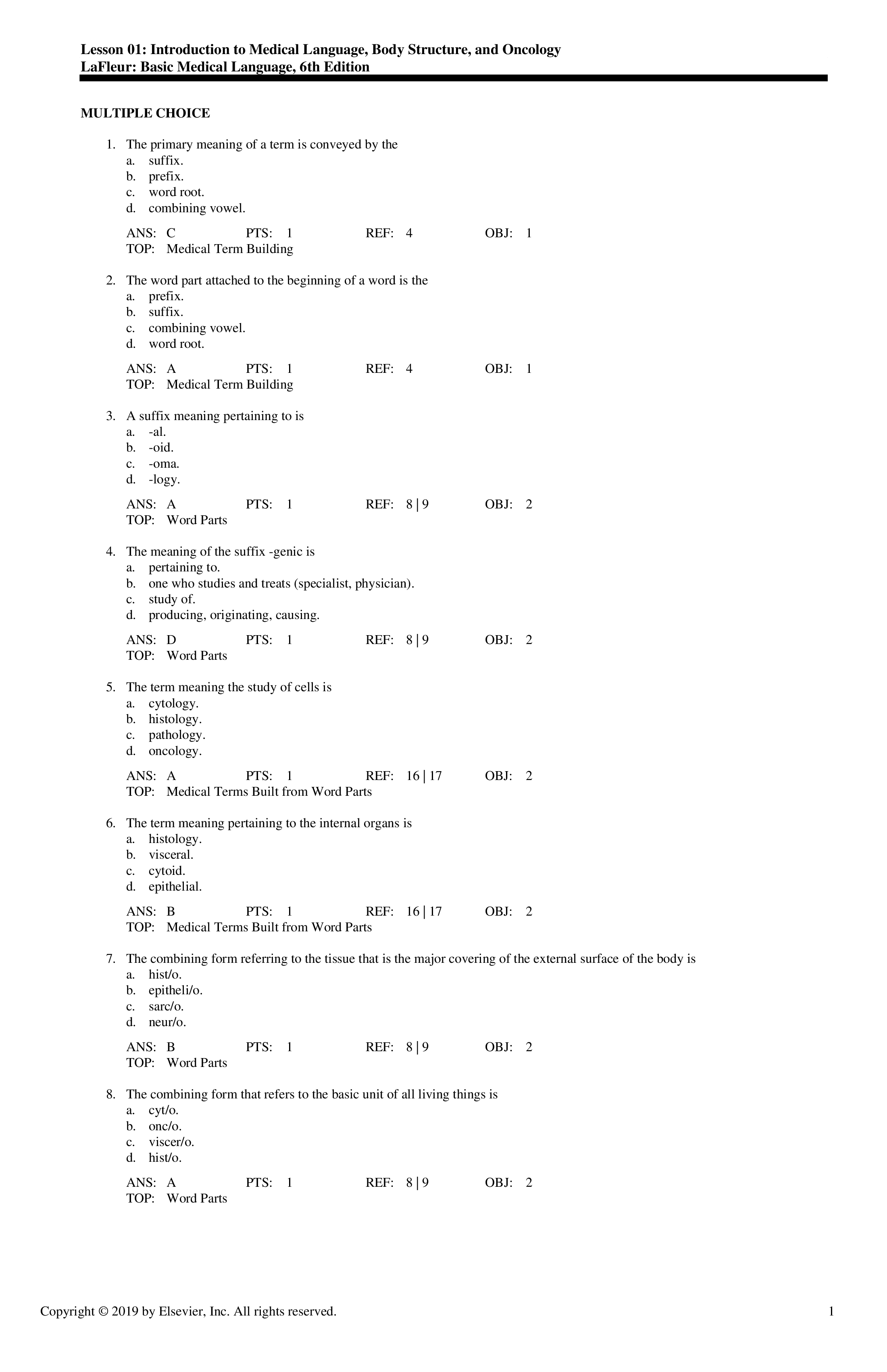Test Bank for Basic Medical Language 6th Edition by Brooks