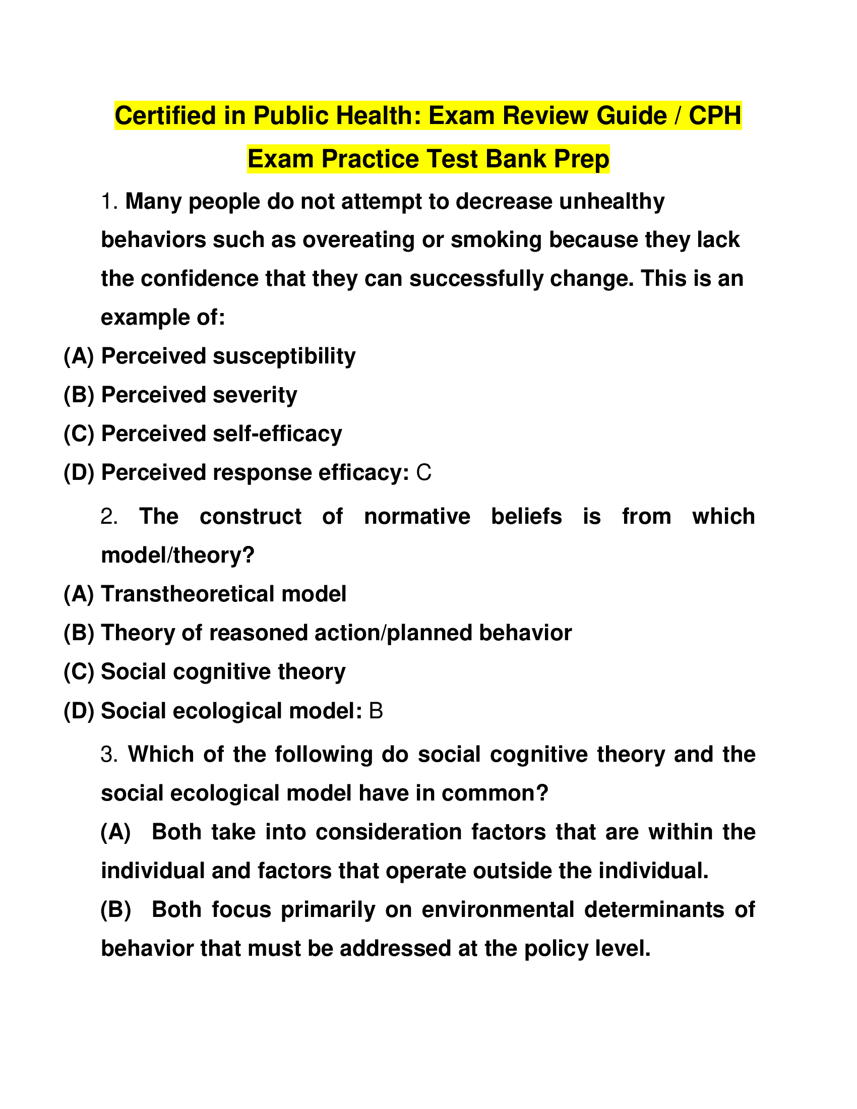 Certified in Public Health, Exam Review Guide, CPH Exam Practice Test Bank Prep Latest 2022