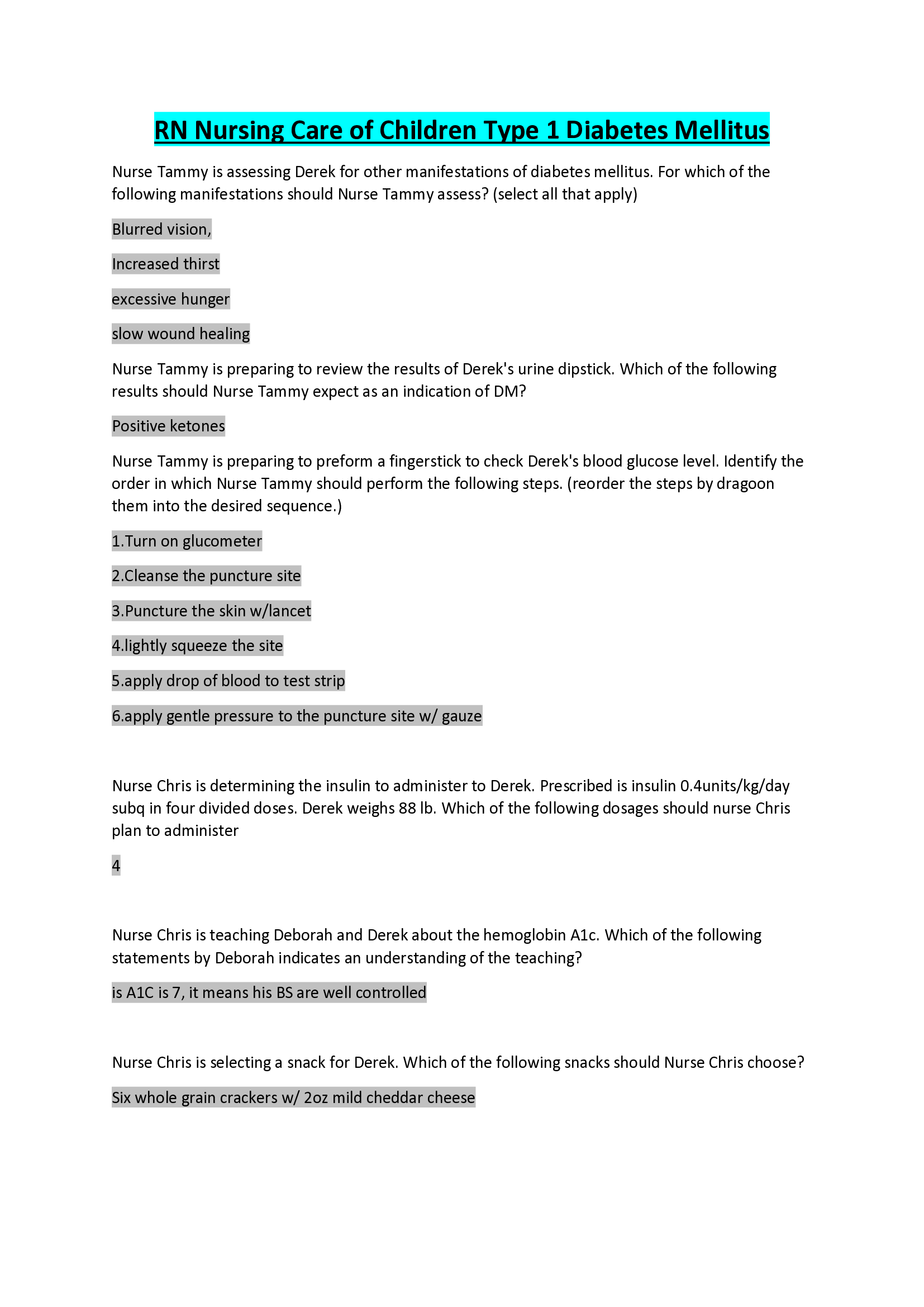 RN Nursing Care of Children Type 1 Diabetes Mellitus Latest 2026