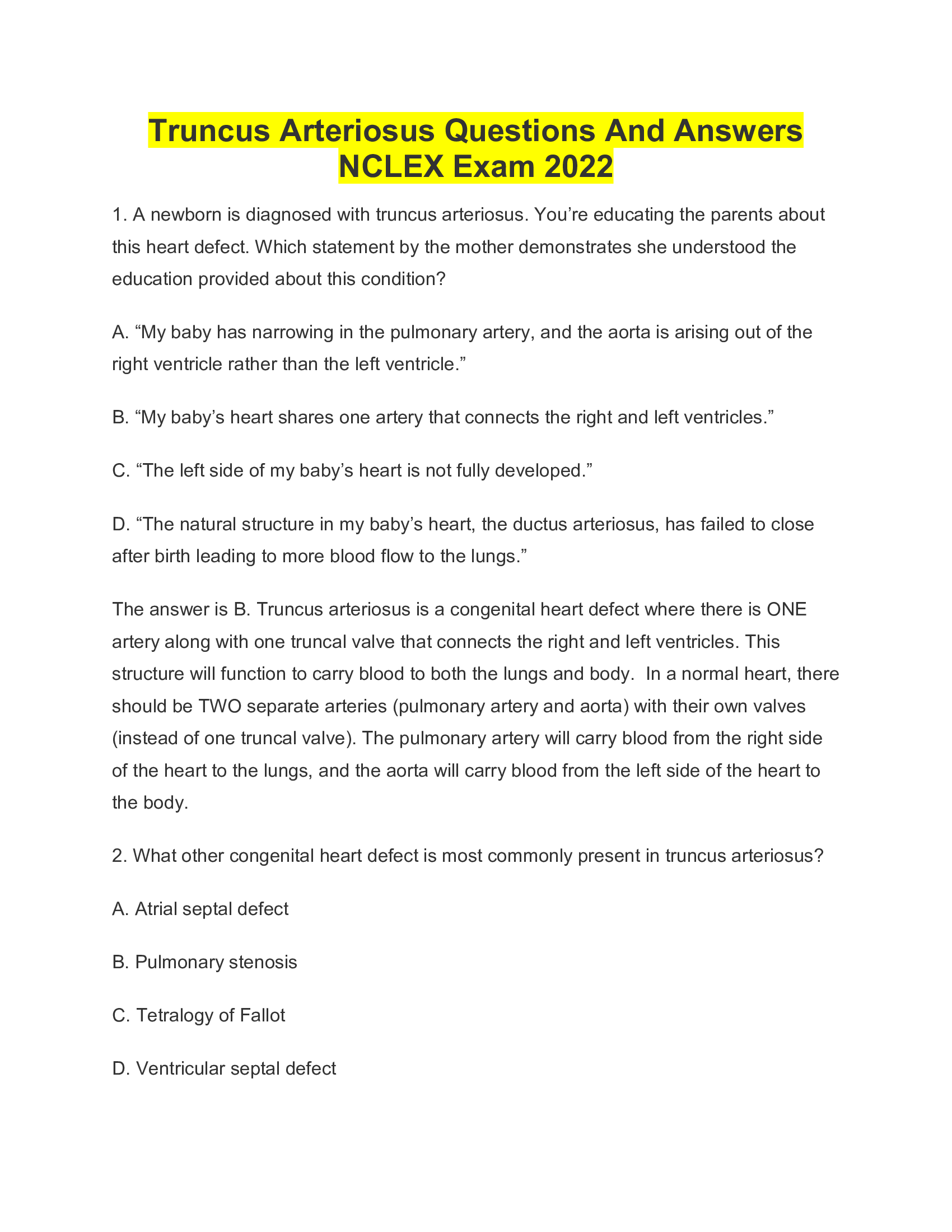 Truncus Arteriosus Questions And Answers NCLEX Exam