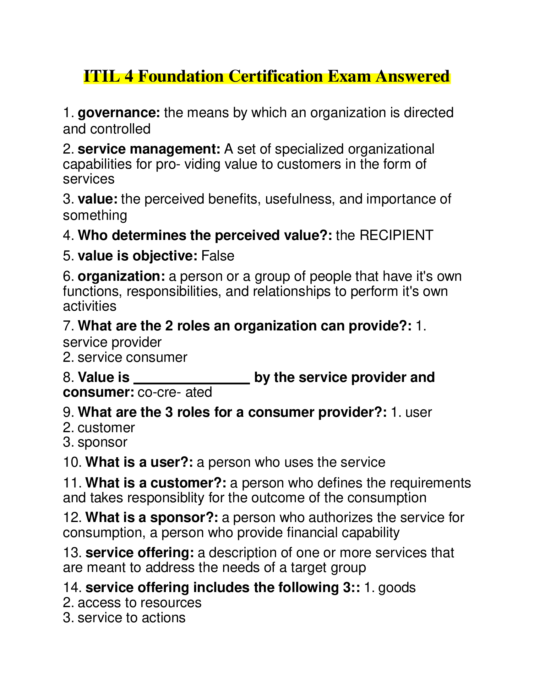 ITIL 4 Foundation Certification Exam Answered 2022