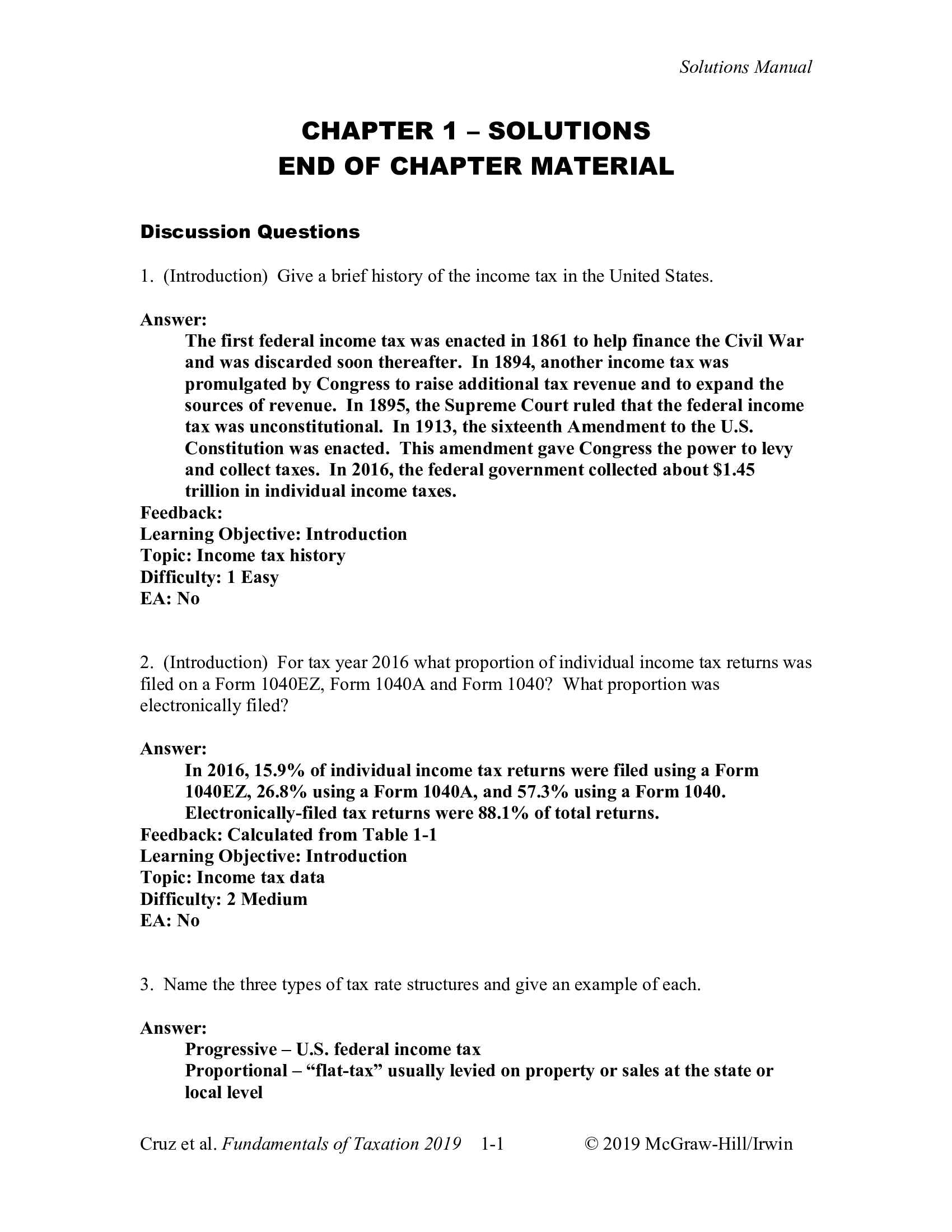 Solution Manual for Fundamentals of Taxation 2019 Edition 12th Edition By Cruz