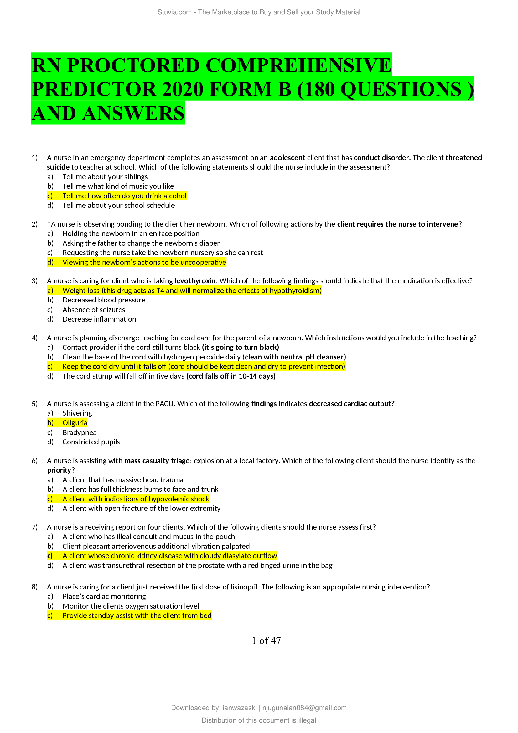 RN Proctored Comprehensive Predictor 2020 Form B Questions and Answers