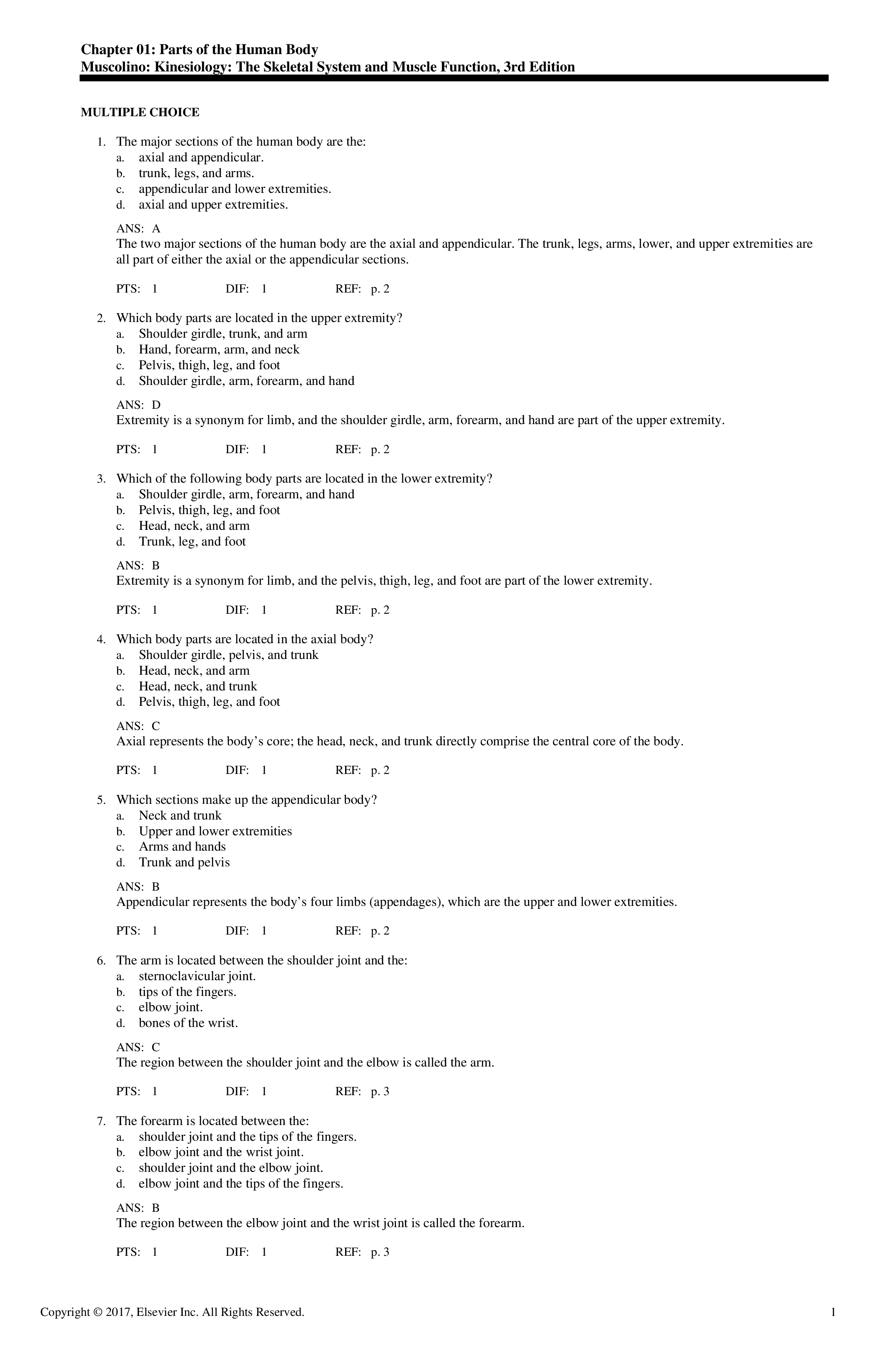 Test Bank for Kinesiology 3rd Edition by Muscolino