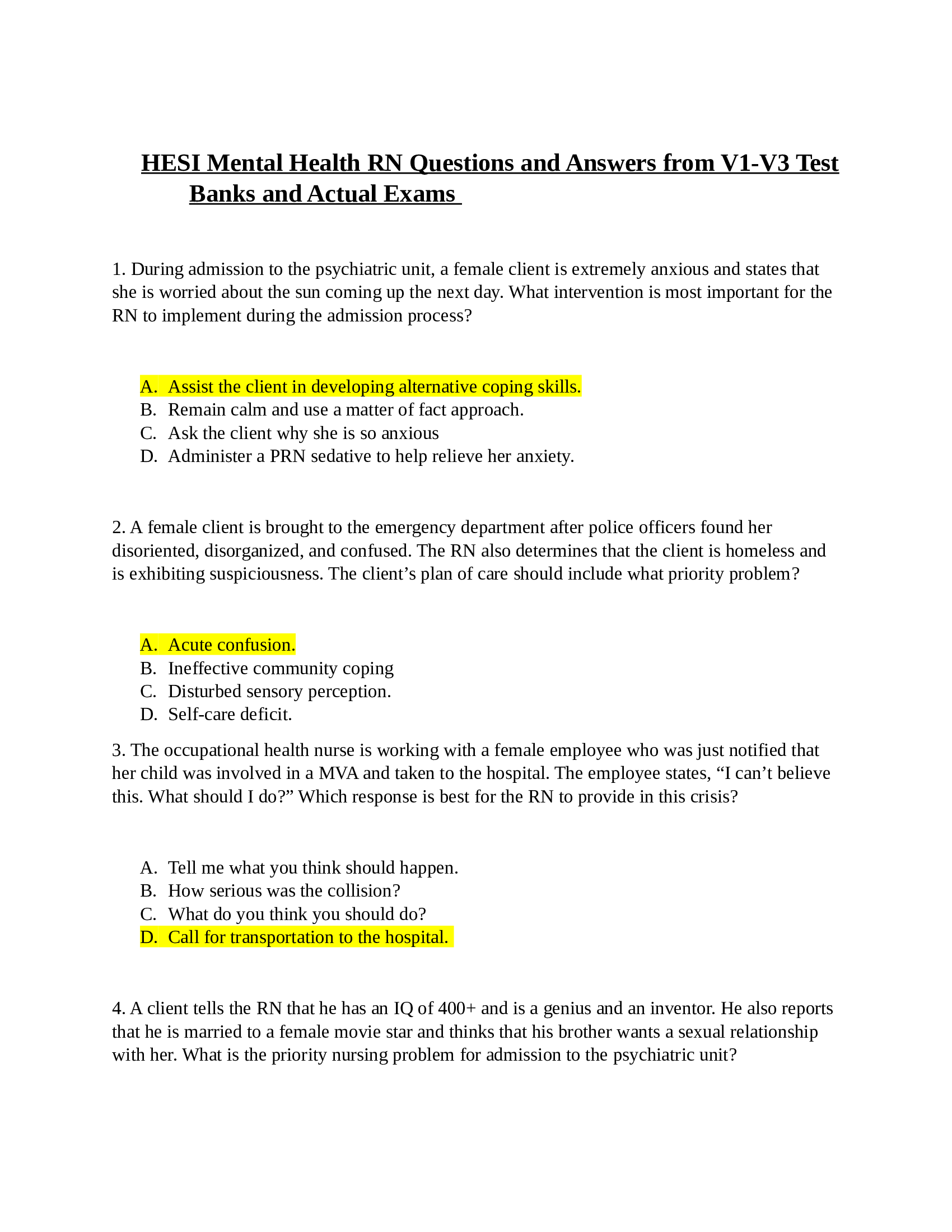 HESI RN MENTAL HEALTH 2022 V1, V2, V3, QUESTIONS AND ANSWERS