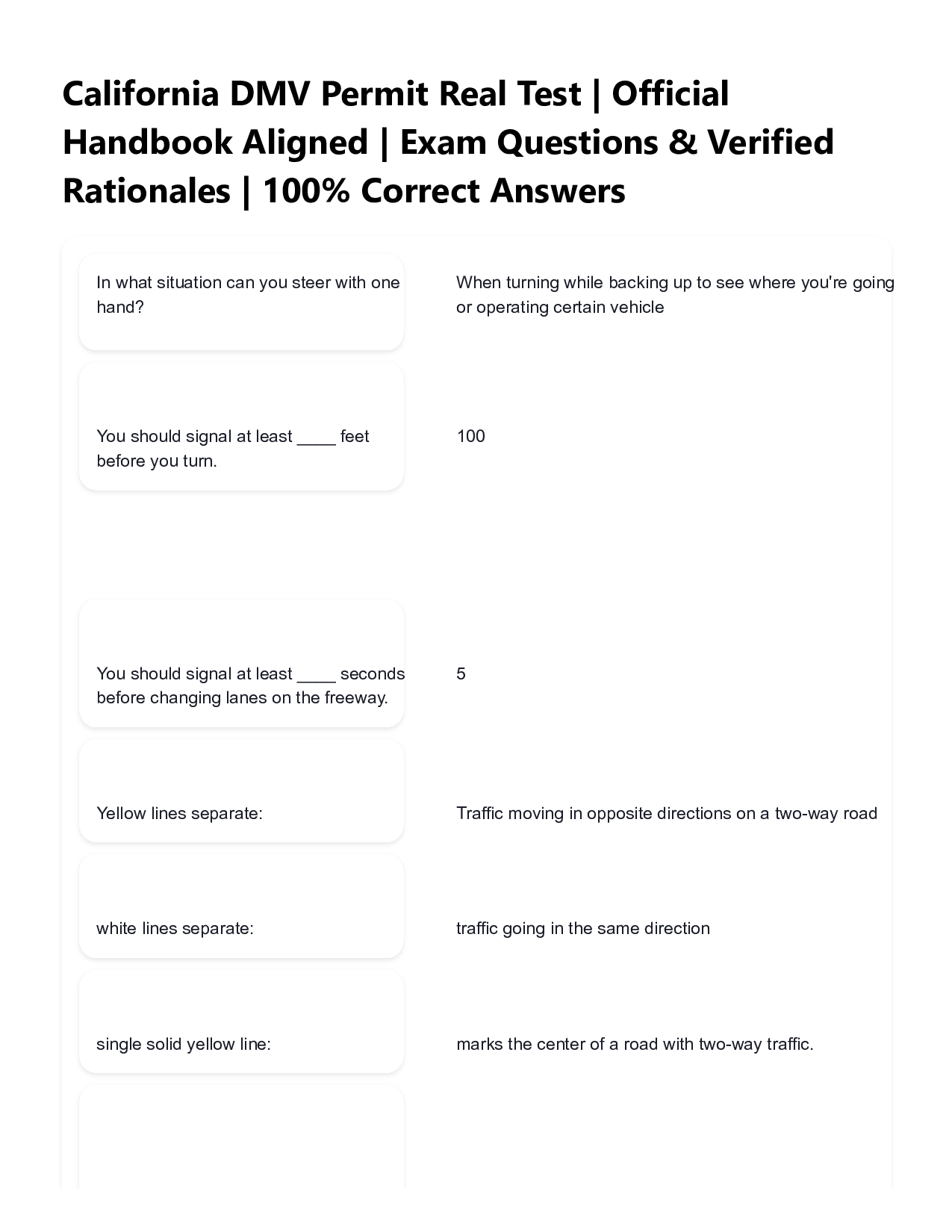 California DMV Permit Real Test 2026  Official Handbook Aligned  Exam Questions & Verified Rationales  100% Correct Answers
