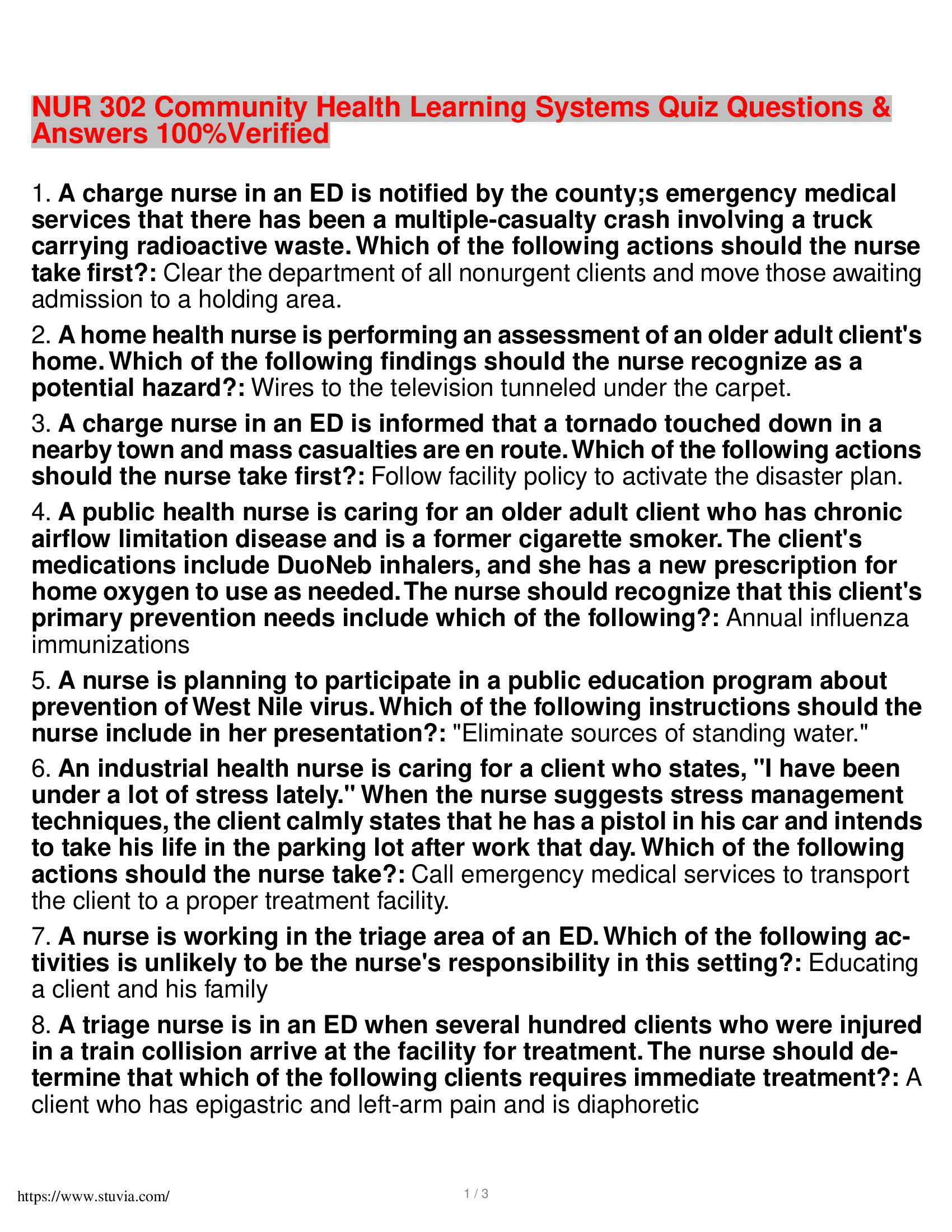 NUR 302 Community Health Learning Systems Quiz Questions & Answers 100% Verified