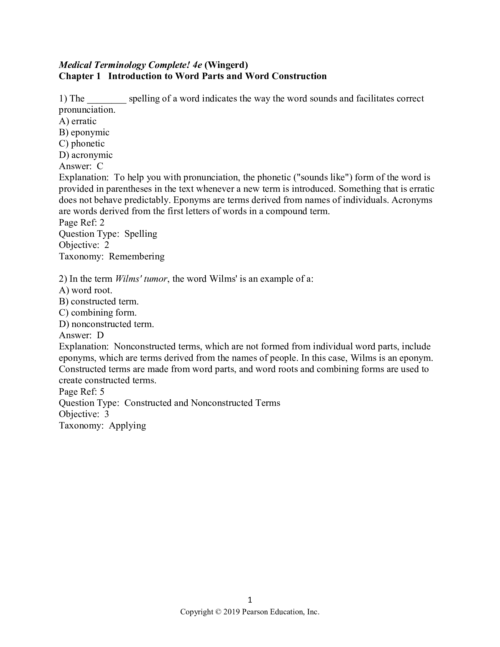 Test Bank for Medical Terminology Complete 4th Edition by Wingerd