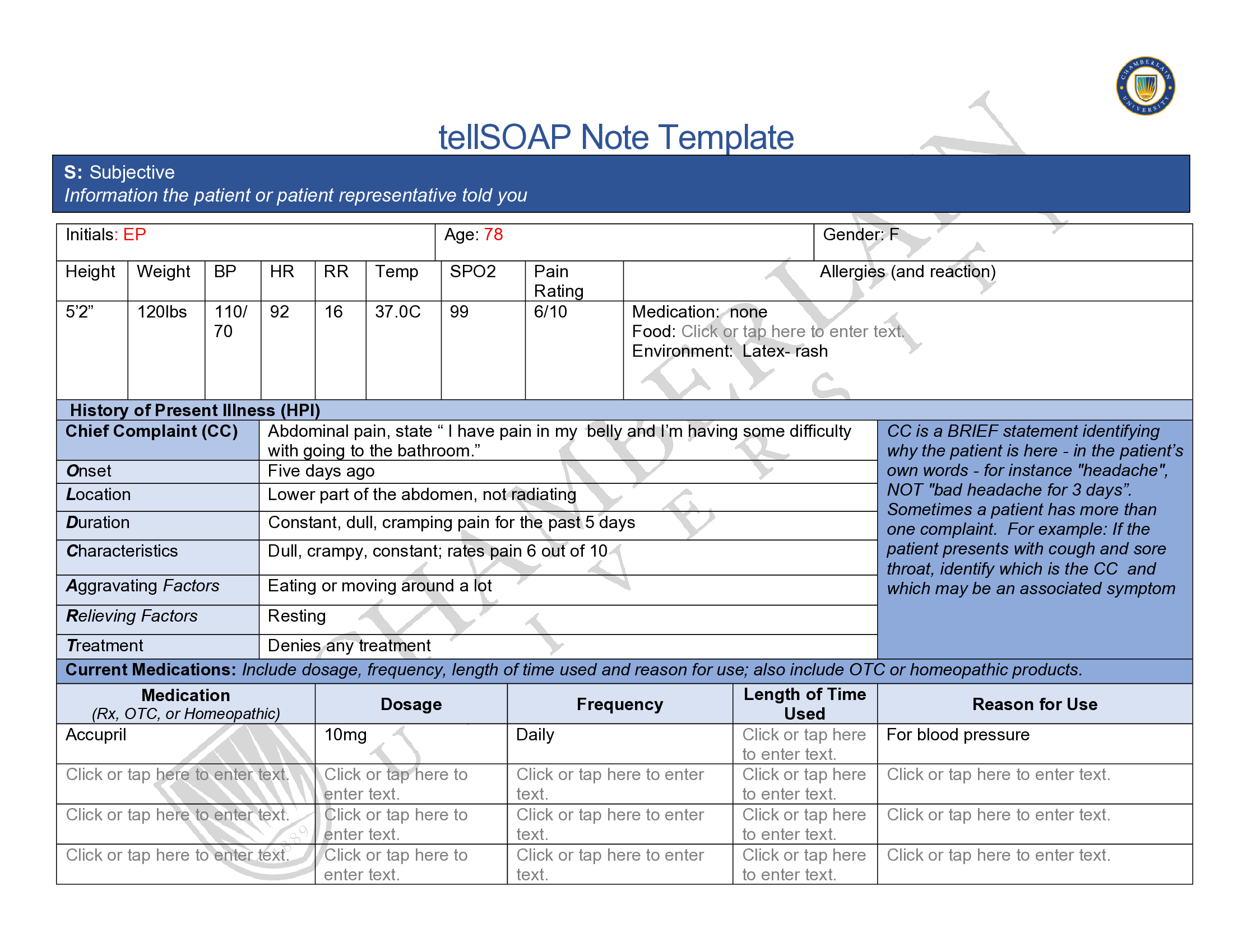 NR 509 Week 5 SOAP note Chamberlain College of Nursing