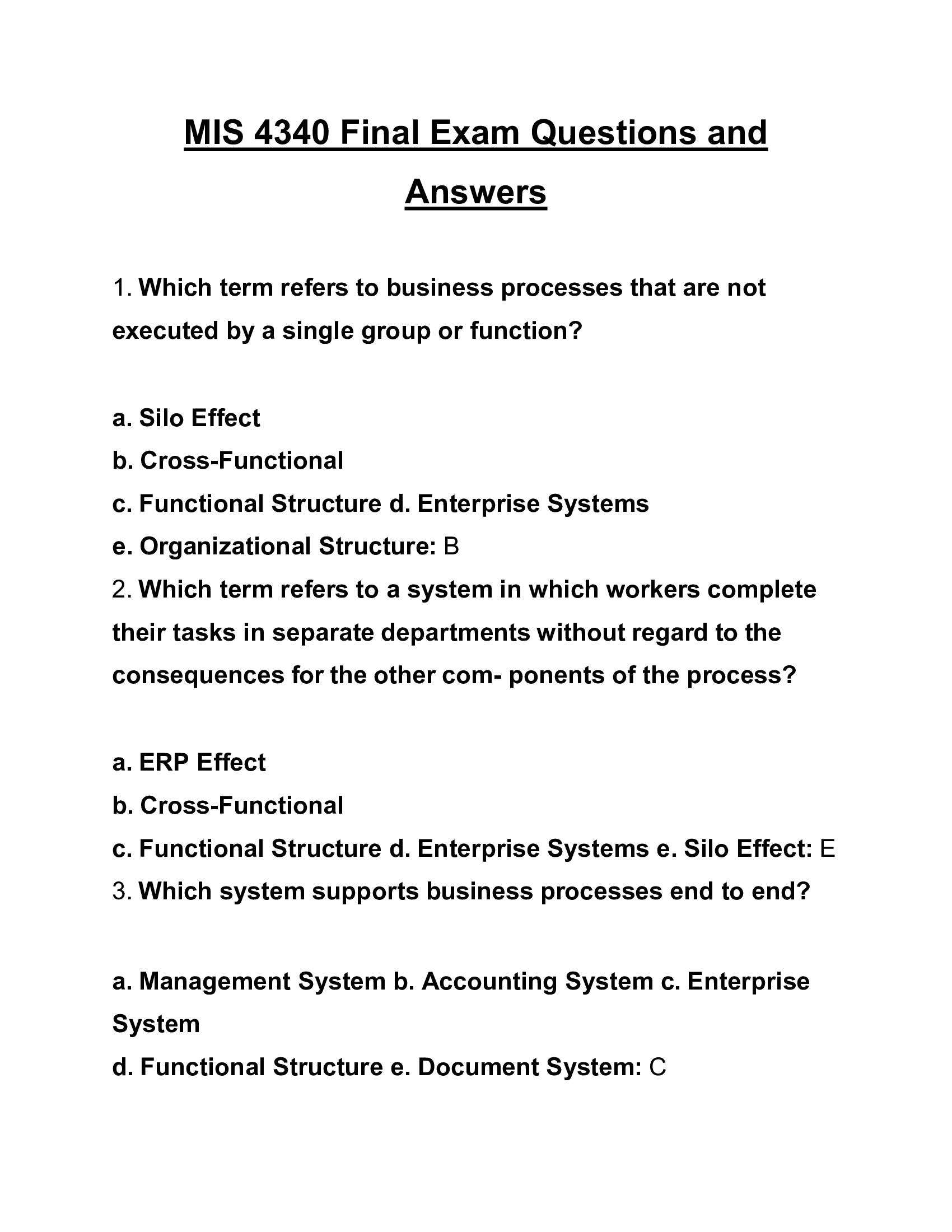 MIS 4340 Final Exam Questions and Answers