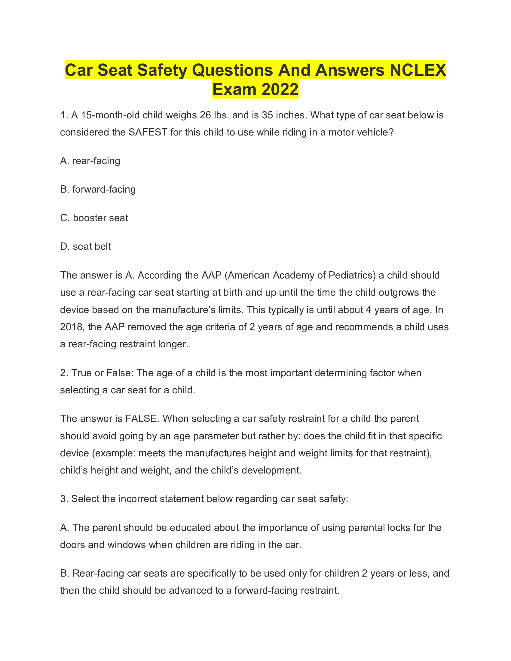 Car Seat Safety Questions And Answers NCLEX Exam 2022