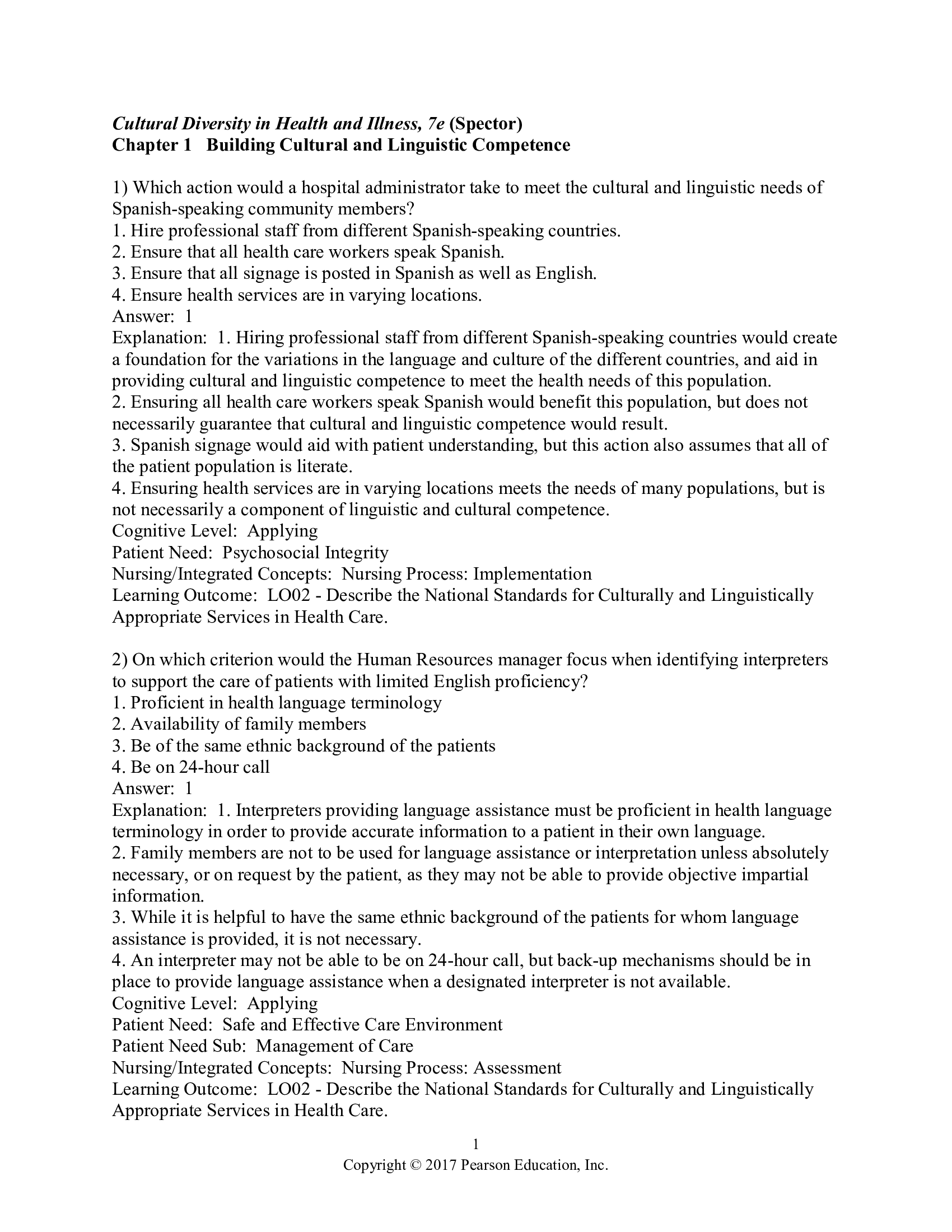 Complete Test Bank for Cultural Diversity in Health and Illness (9th Edition) by Spector