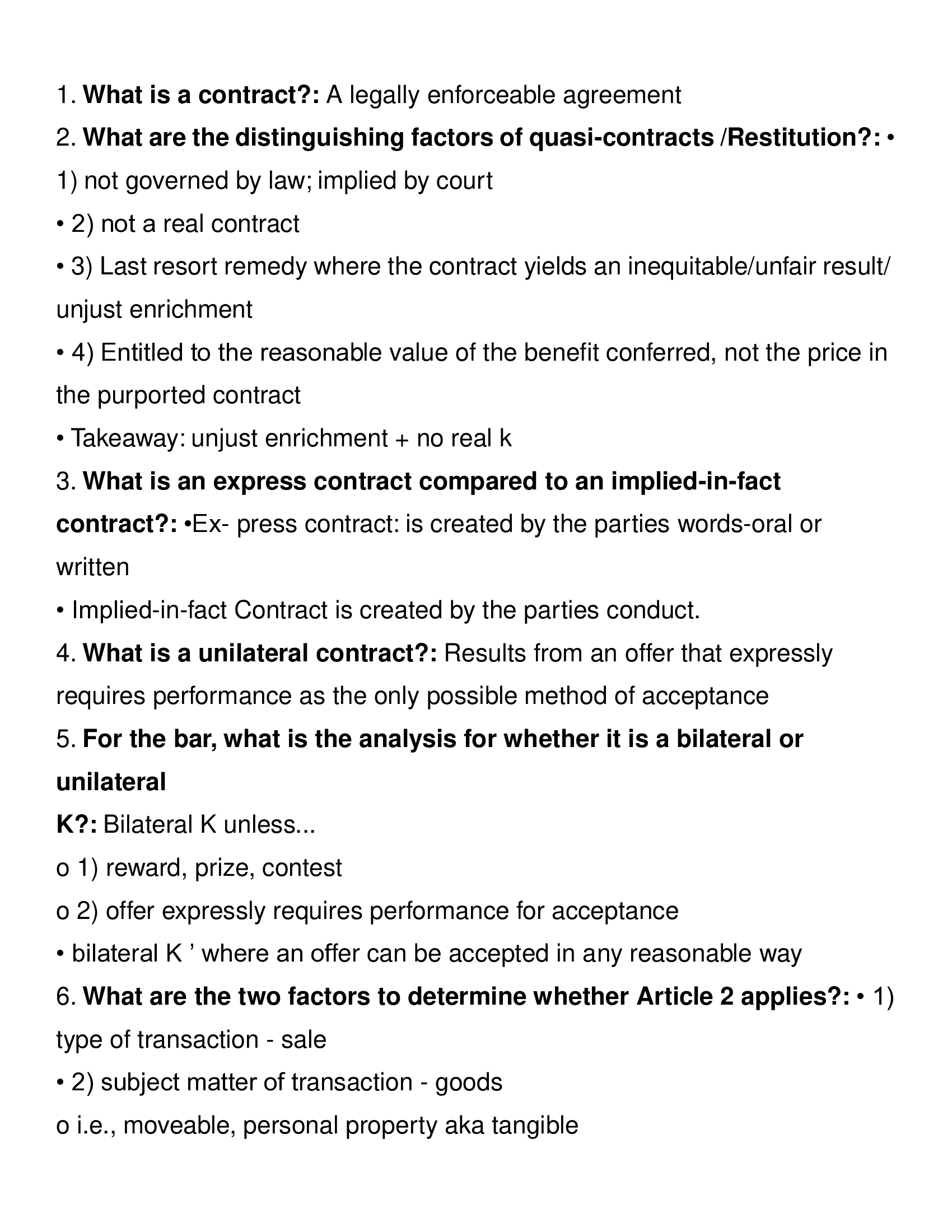 New York State BAR Contracts Exam Questions and Answers