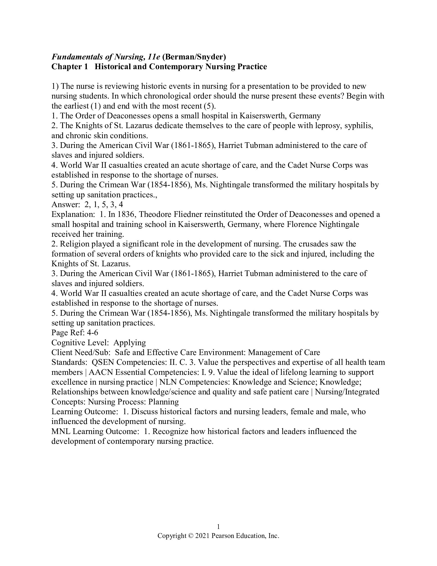 Test Bank for Kozier and Erbs Fundamentals of Nursing 11th Edition by Berman