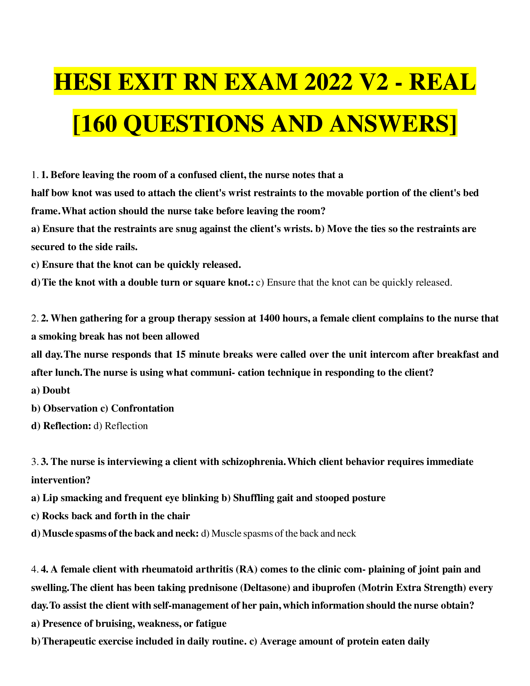 HESI EXIT RN V2 EXAM 2022 (REAL EXAM) 160 QUESTIONS WITH ANSWERS