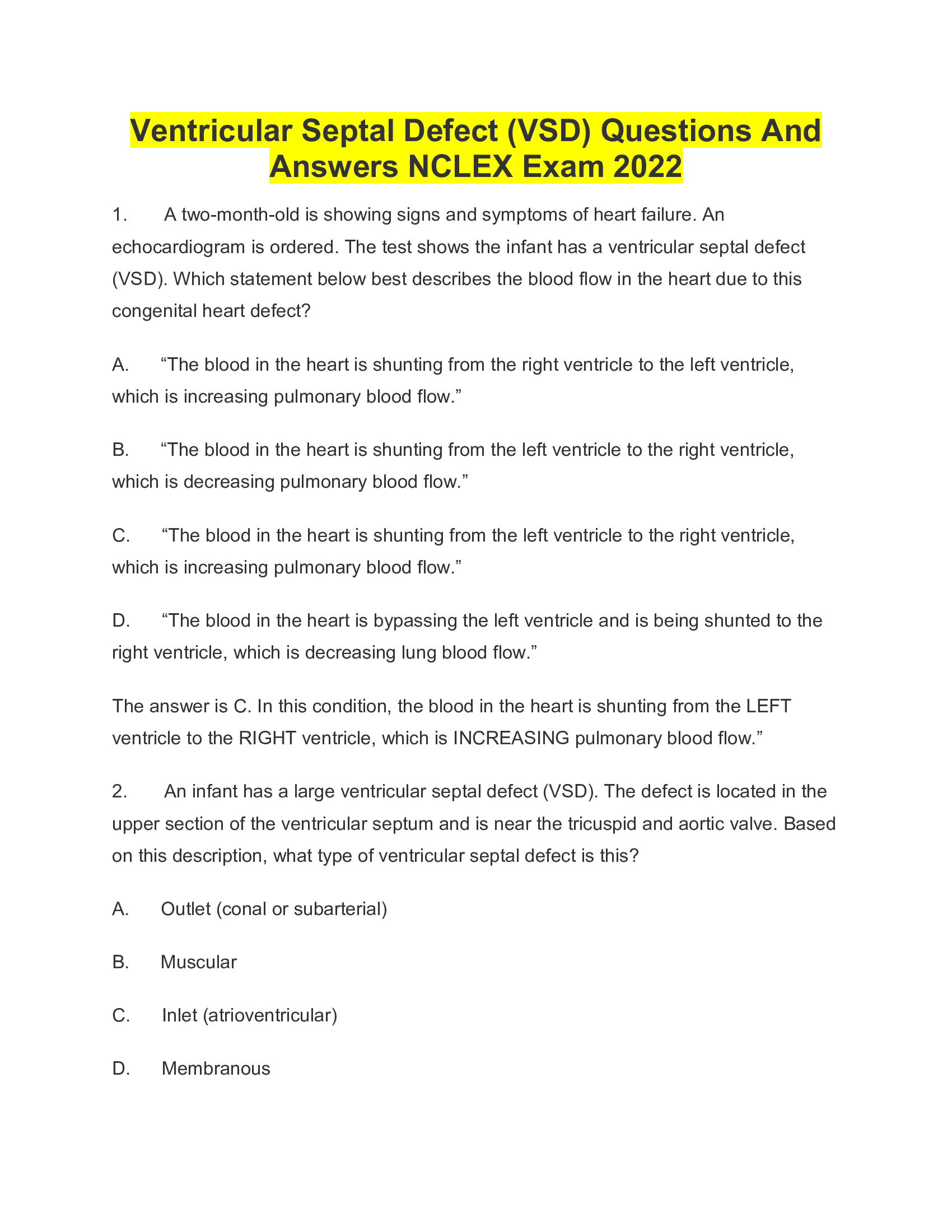 Ventricular Septal Defect (VSD) Questions And Answers NCLEX Exam