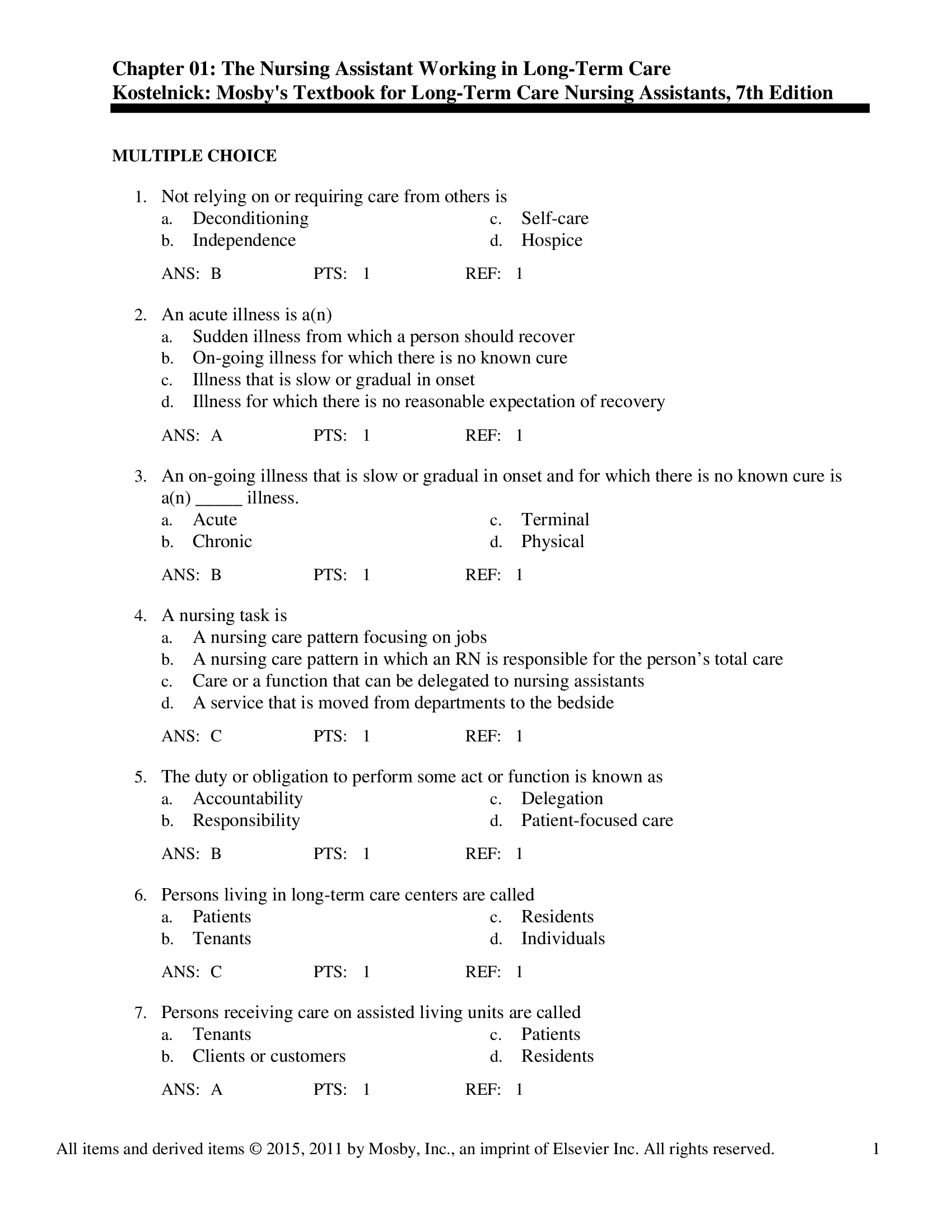 Test Bank for Mosbys Textbook for Long Term Care Nursing Assistants 7th Edition by Kostelnick