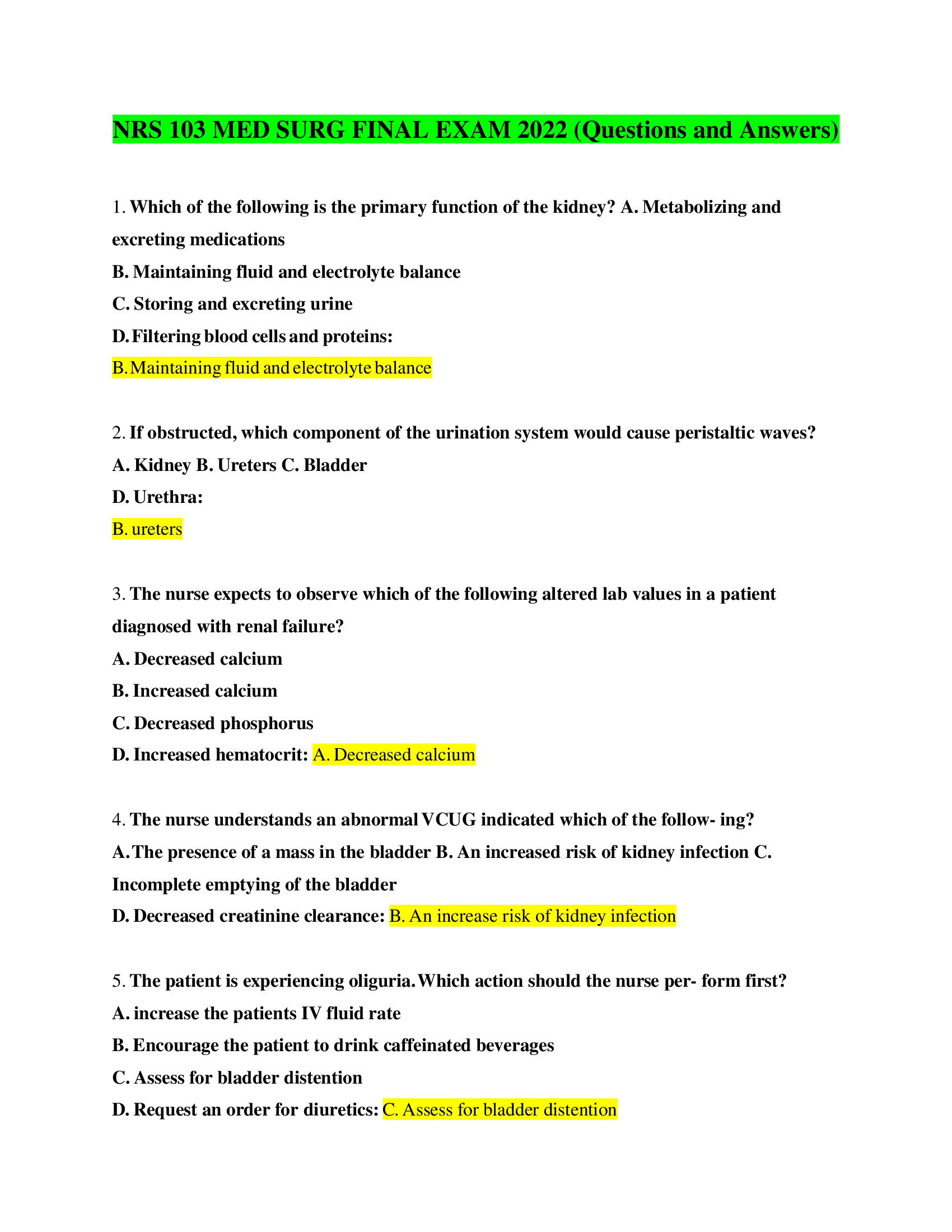 NRS 103 MED SURG FINAL EXAM 2022 (Questions and Answers)