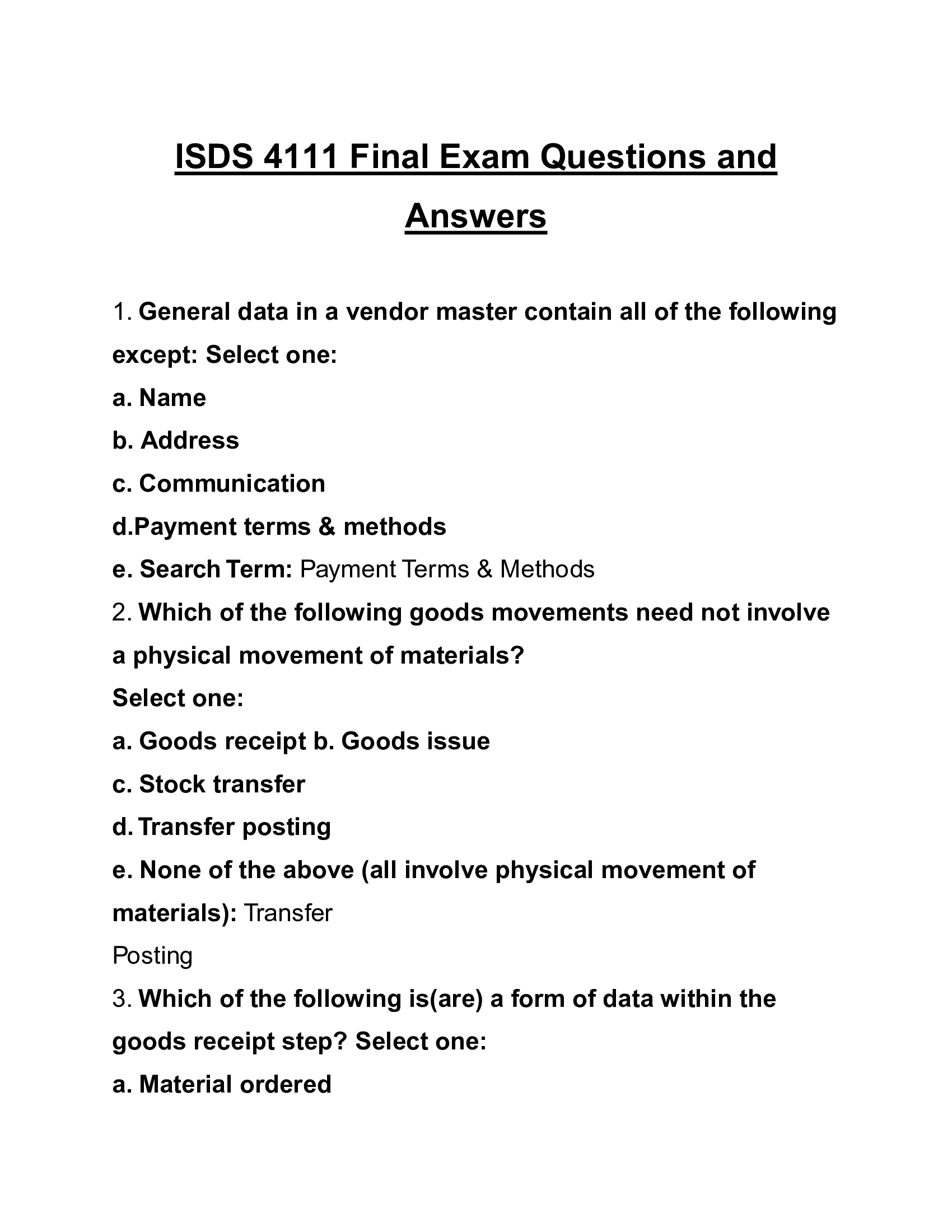 ISDS 4111 Final Exam Questions and Answers