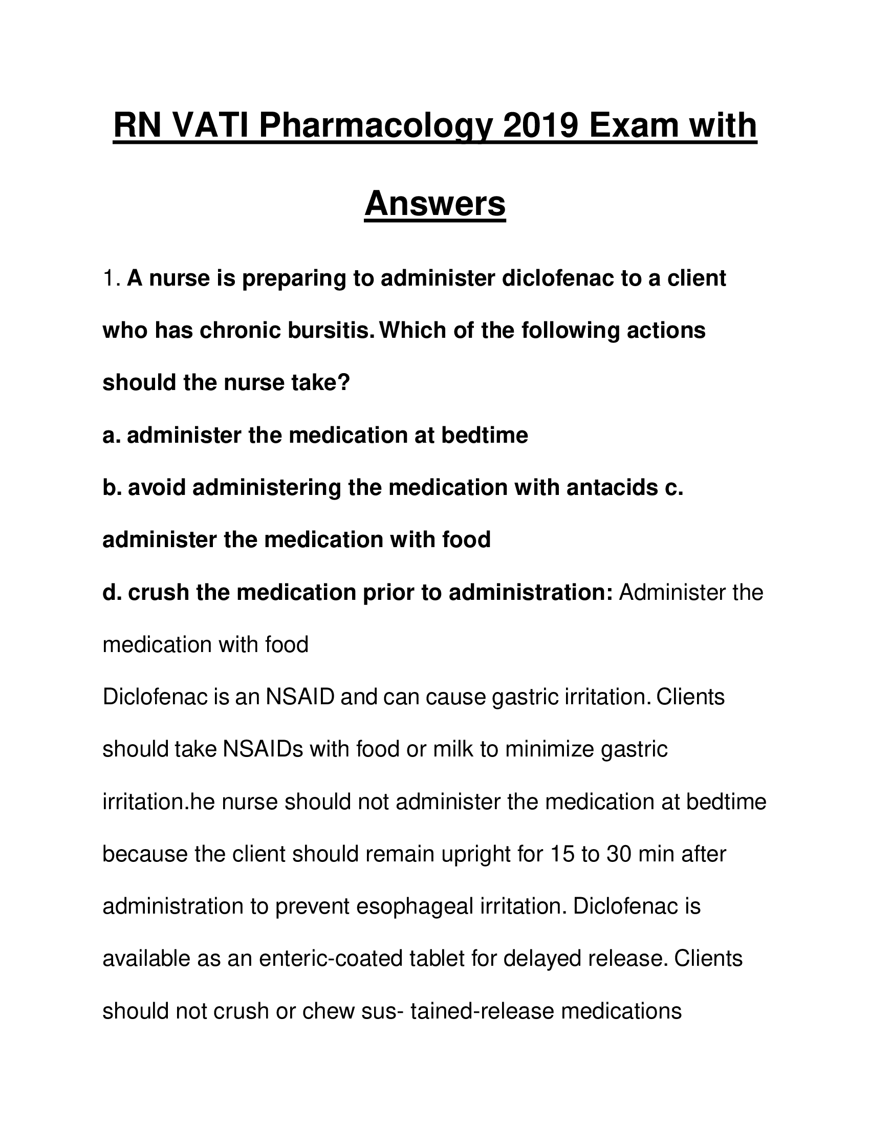 RN VATI Pharmacology 2019 Exam with Answers