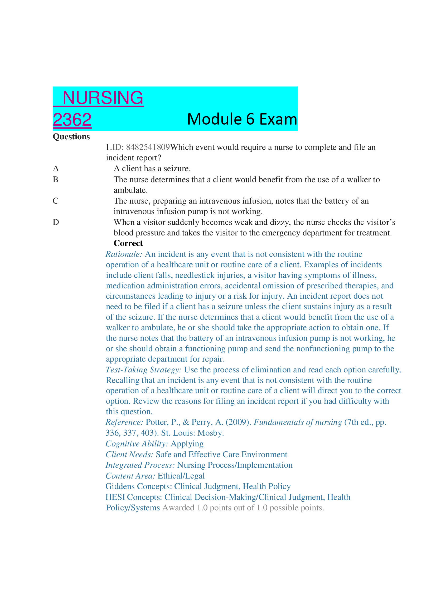 NURSING 2362 Module 6 Exam with rationale