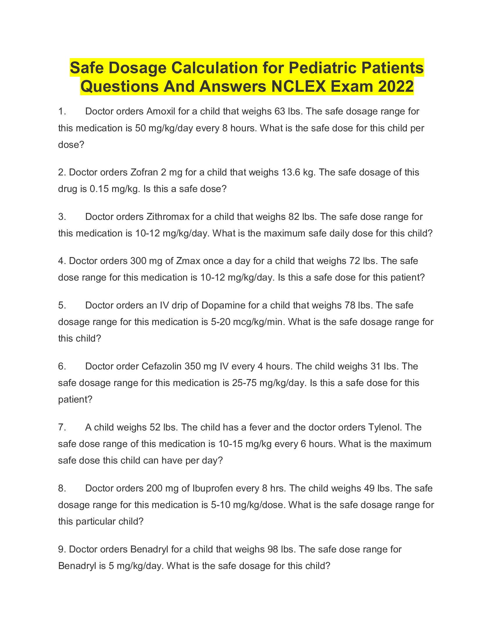 Safe Dosage Calculation for Pediatric Patients Questions And Answers NCLEX Exam