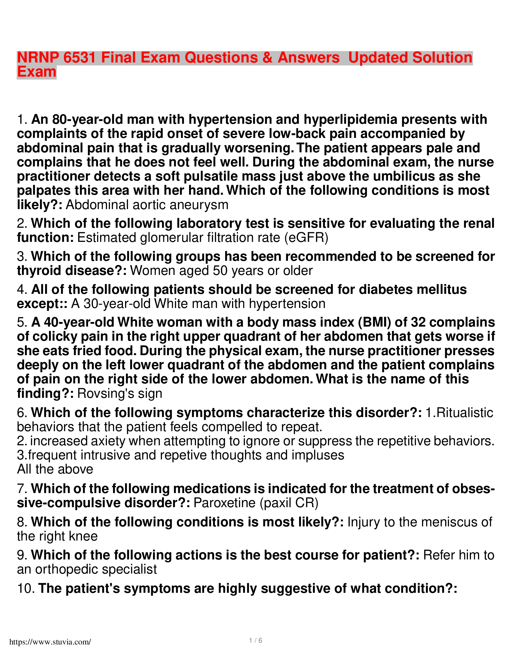 NRNP 6531 Final Exam Questions & Answers  Updated Solution Exam