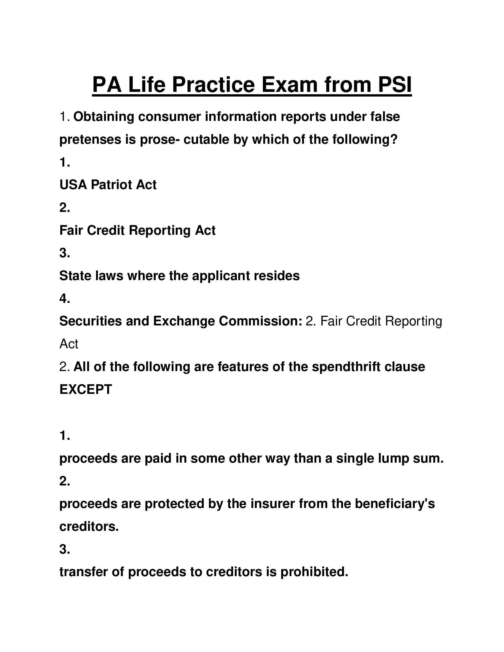 Pennsylvania Life Insurance – PSI Practice Exam Questions and Answers (2026)