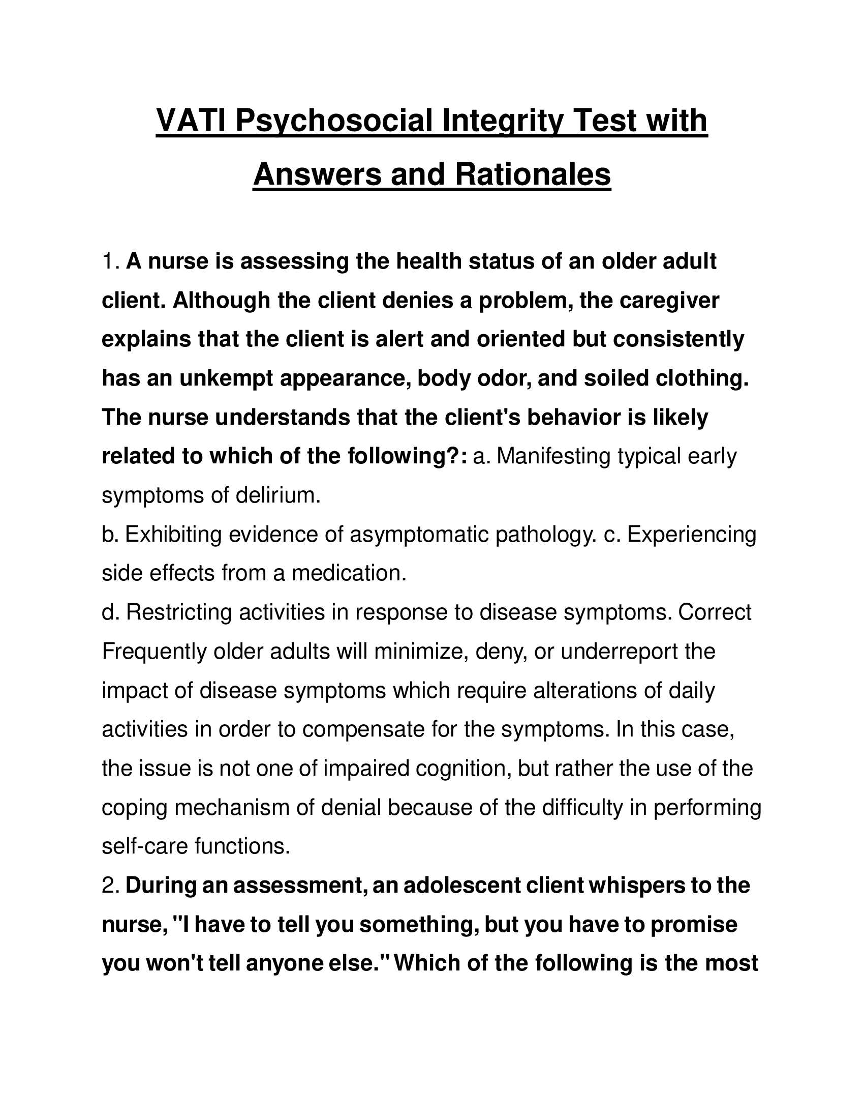 VATI Psychosocial Integrity Test with Answers and Rationales