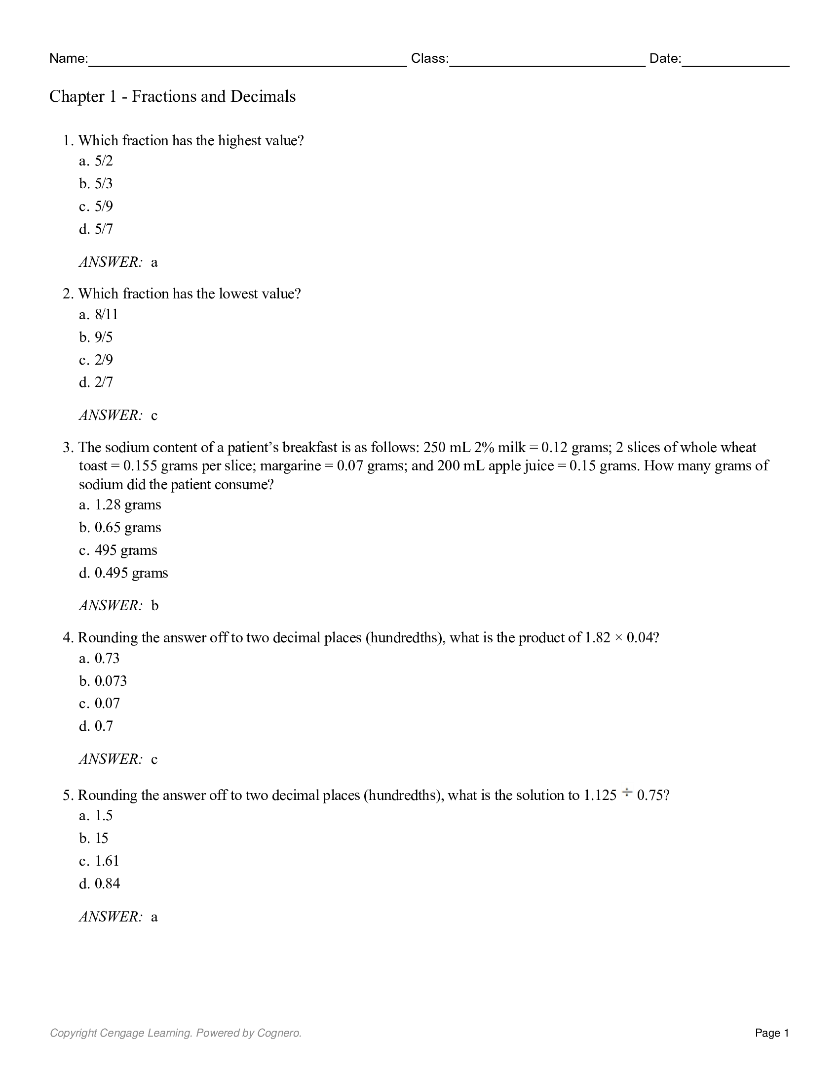 Test Bank for Dosage Calculations 4th Edition by Pickar