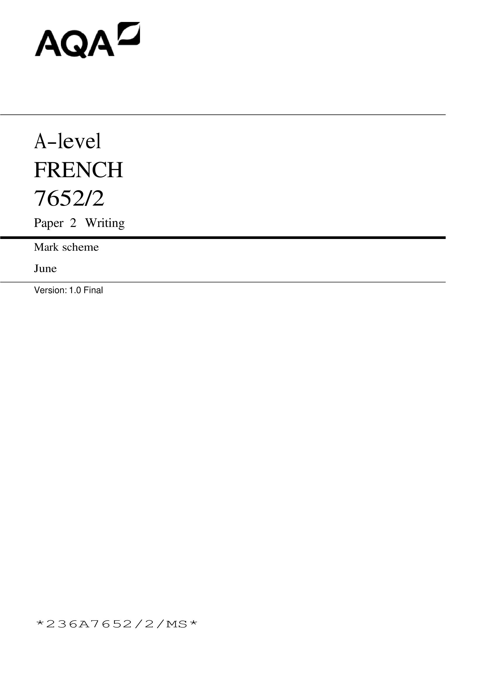 AQA A-level FRENCH 7652|2 Paper 2 Writing Marking Scheme 2026