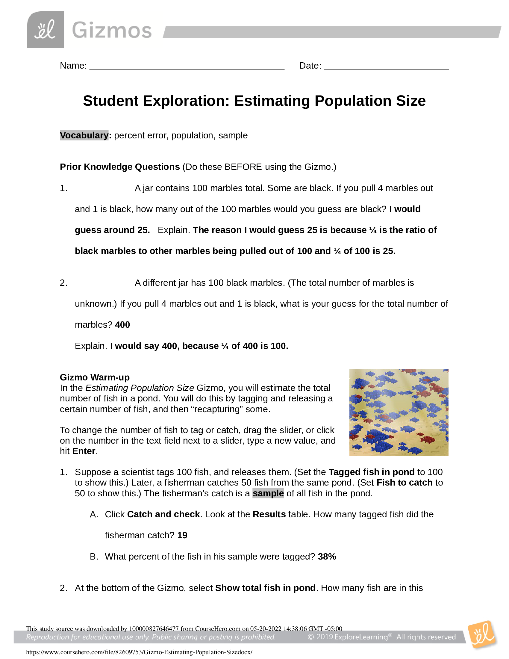 Gizmo 8 (revised) Estimating Population Size - Complete solution RATED A