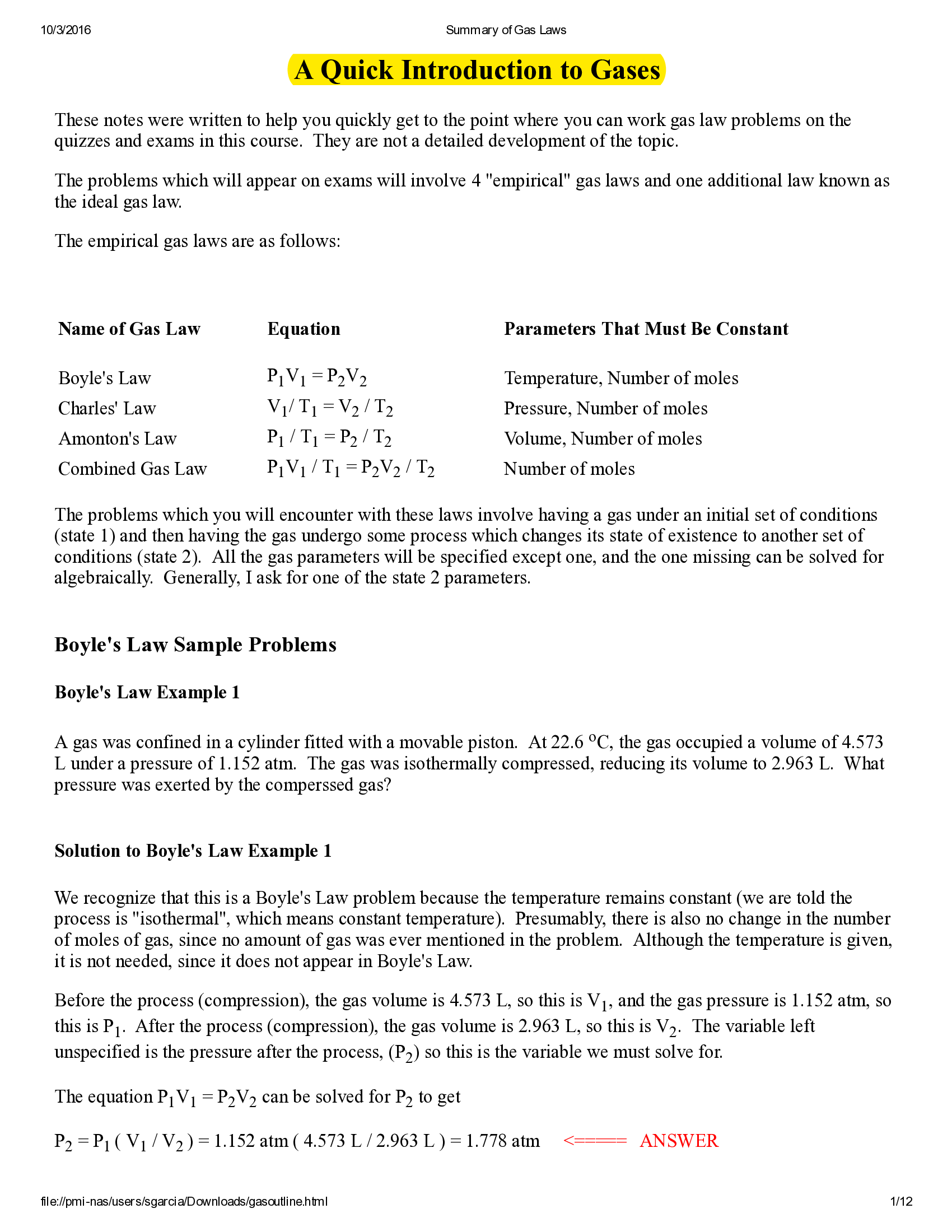 Exam (elaborations) GENERAL CH 1412 Ch. 5 Summary of Gas Laws Review
