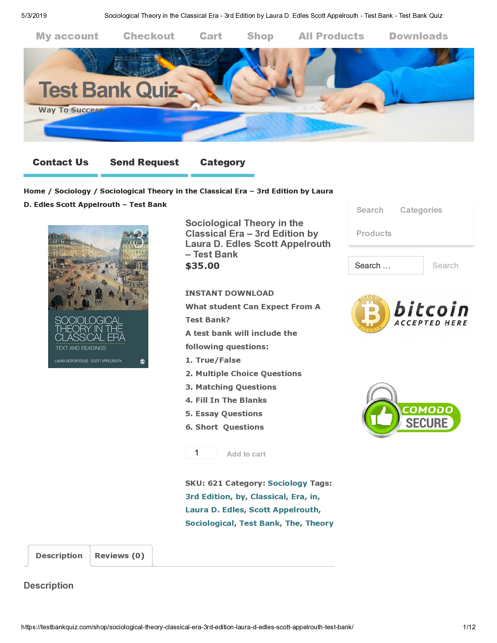 Sociological Theory in the Classical Era - 3rd Edition by Laura D. Edles Scott Appelrouth - Test Bank