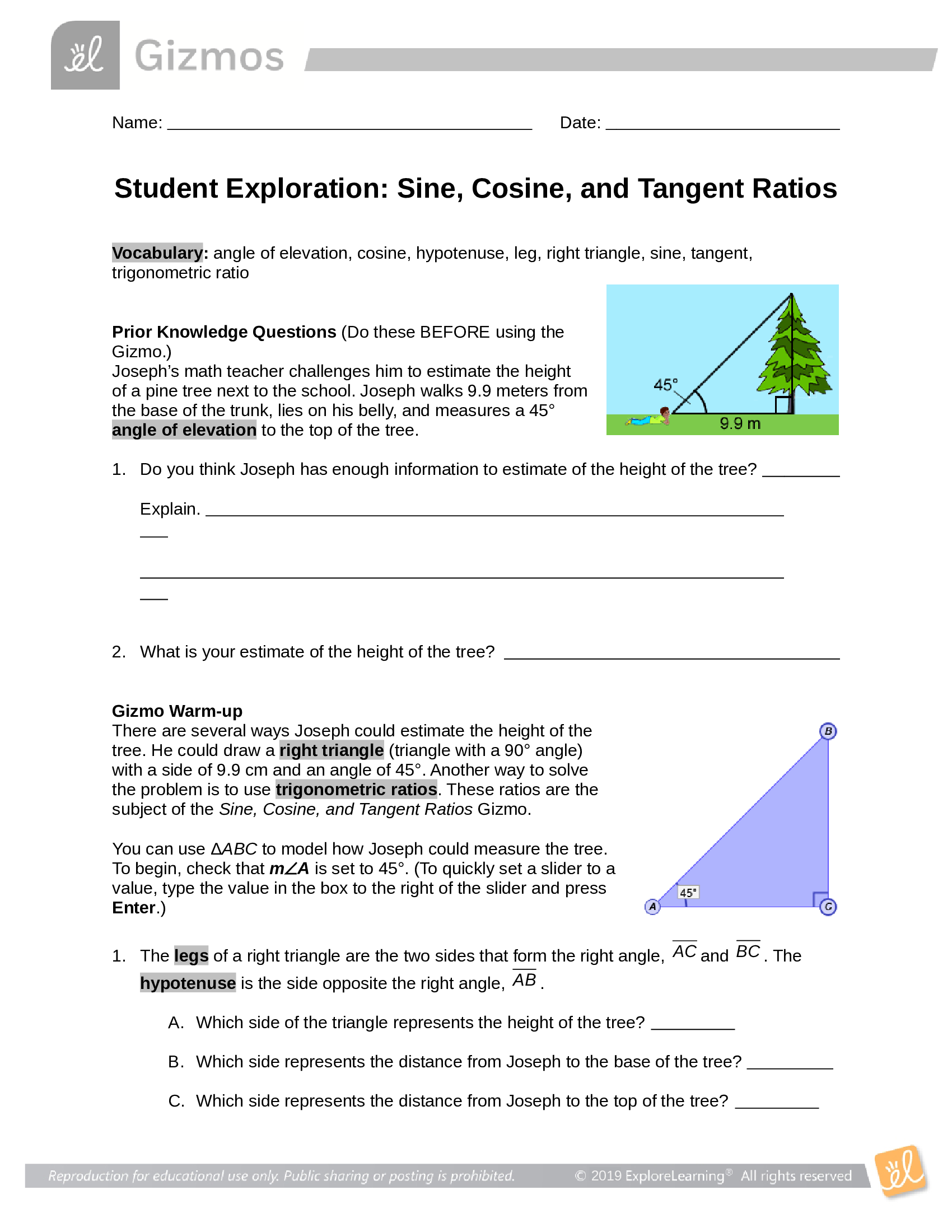 GIZMO - Student Exploration: Sine, Cosine, and Tangent Ratios [Answer Key]