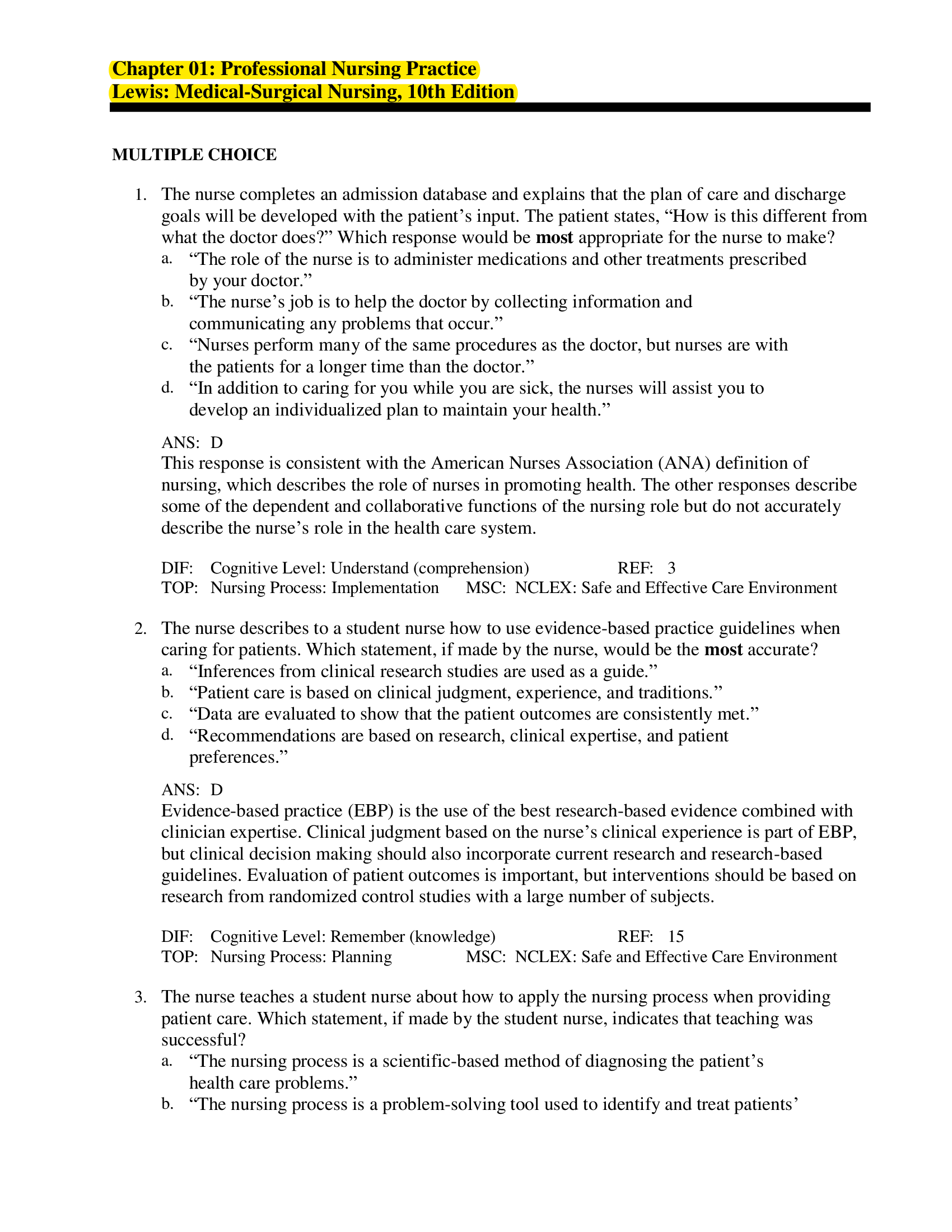Lewis: Medical-Surgical Nursing, 10th Edition EXAM TEST BANK Chap 1-68 Complete Questions with answers Graded A+