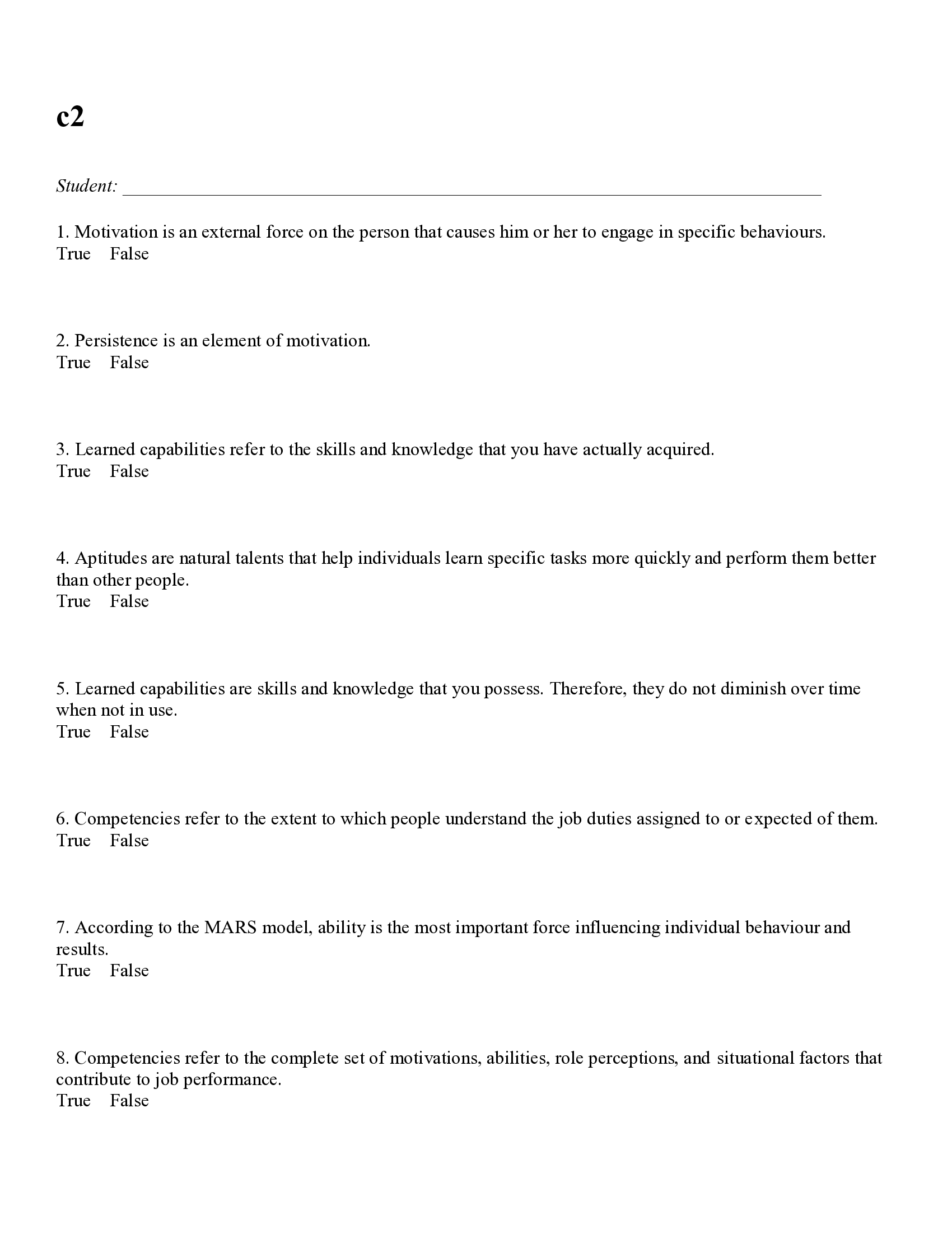 TEST BANK FOR CANADIAN ORGANIZATIONAL BEHAVIOUR 9TH EDITION MCSHANE