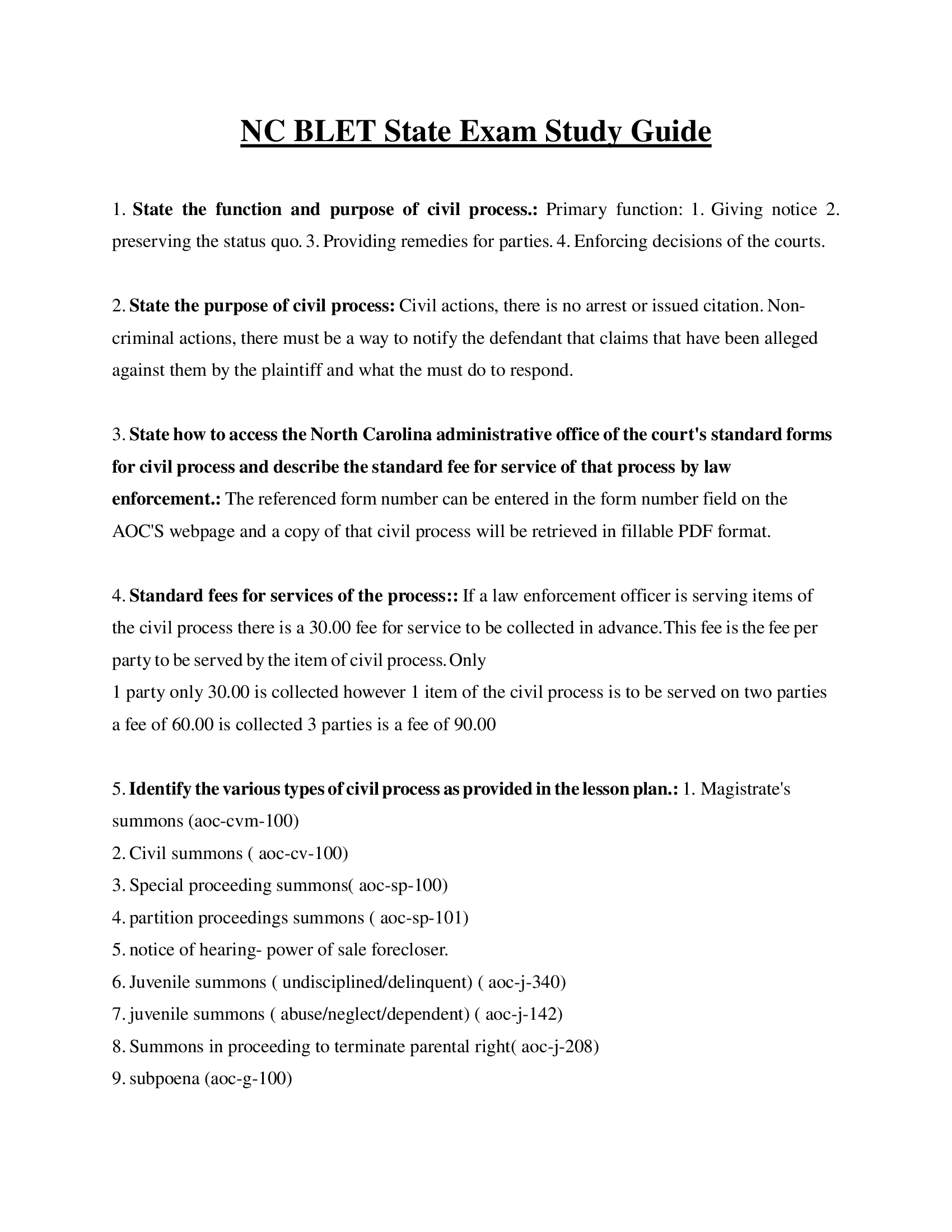 NC BLET State Exam Test Study Guide