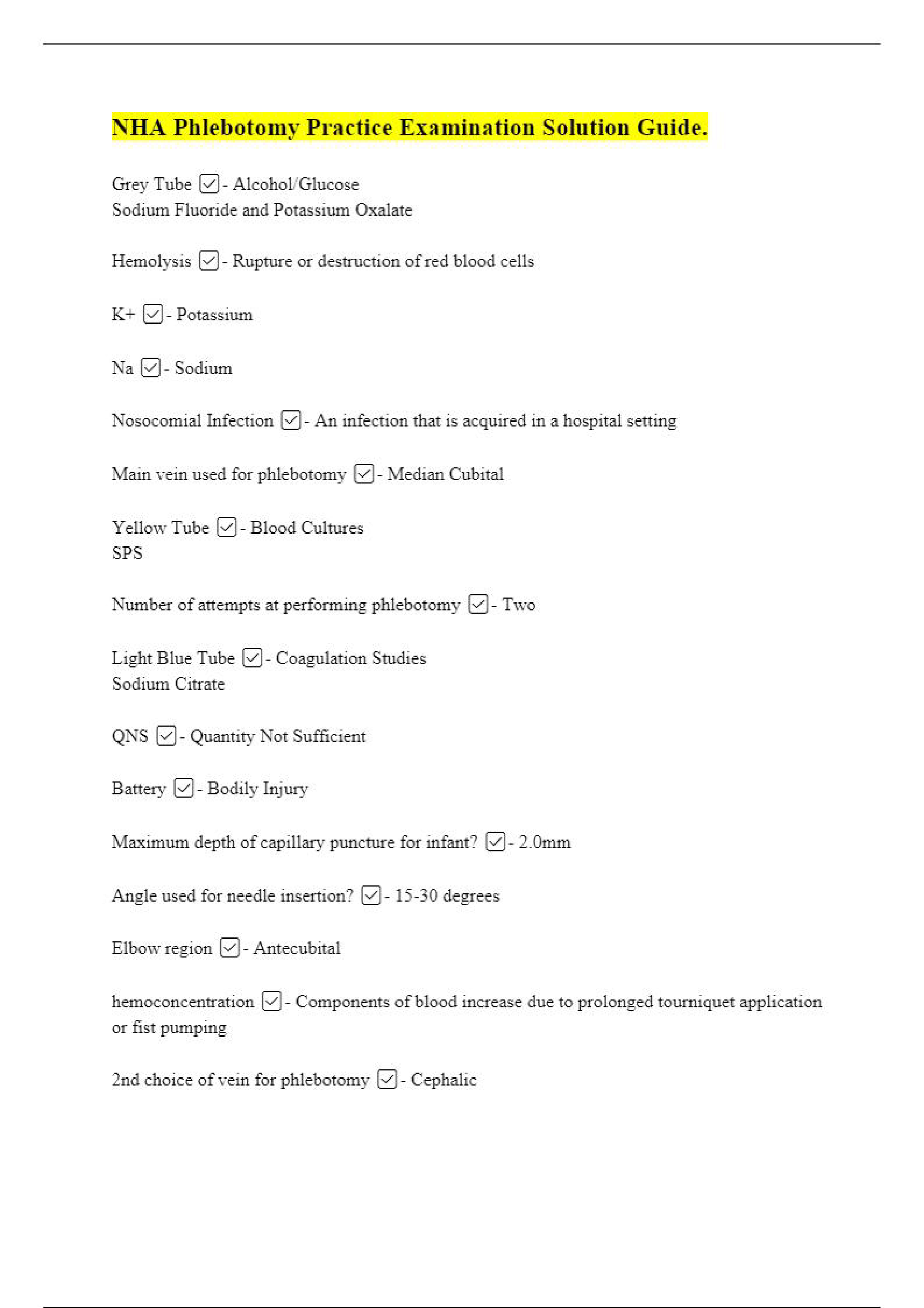 NHA Phlebotomy Practice Examination Solution Guide
