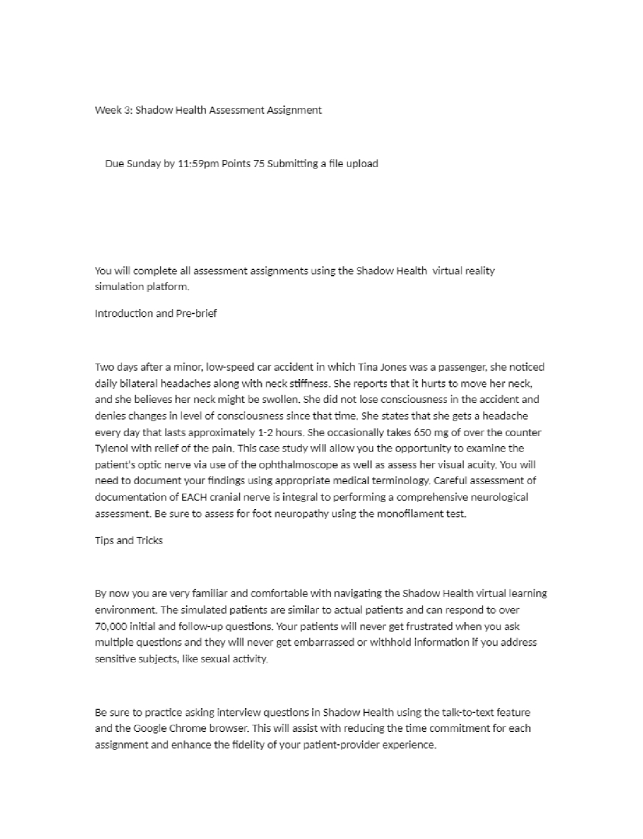 NR 509 Week 3 Shadow Health Assessment Latest