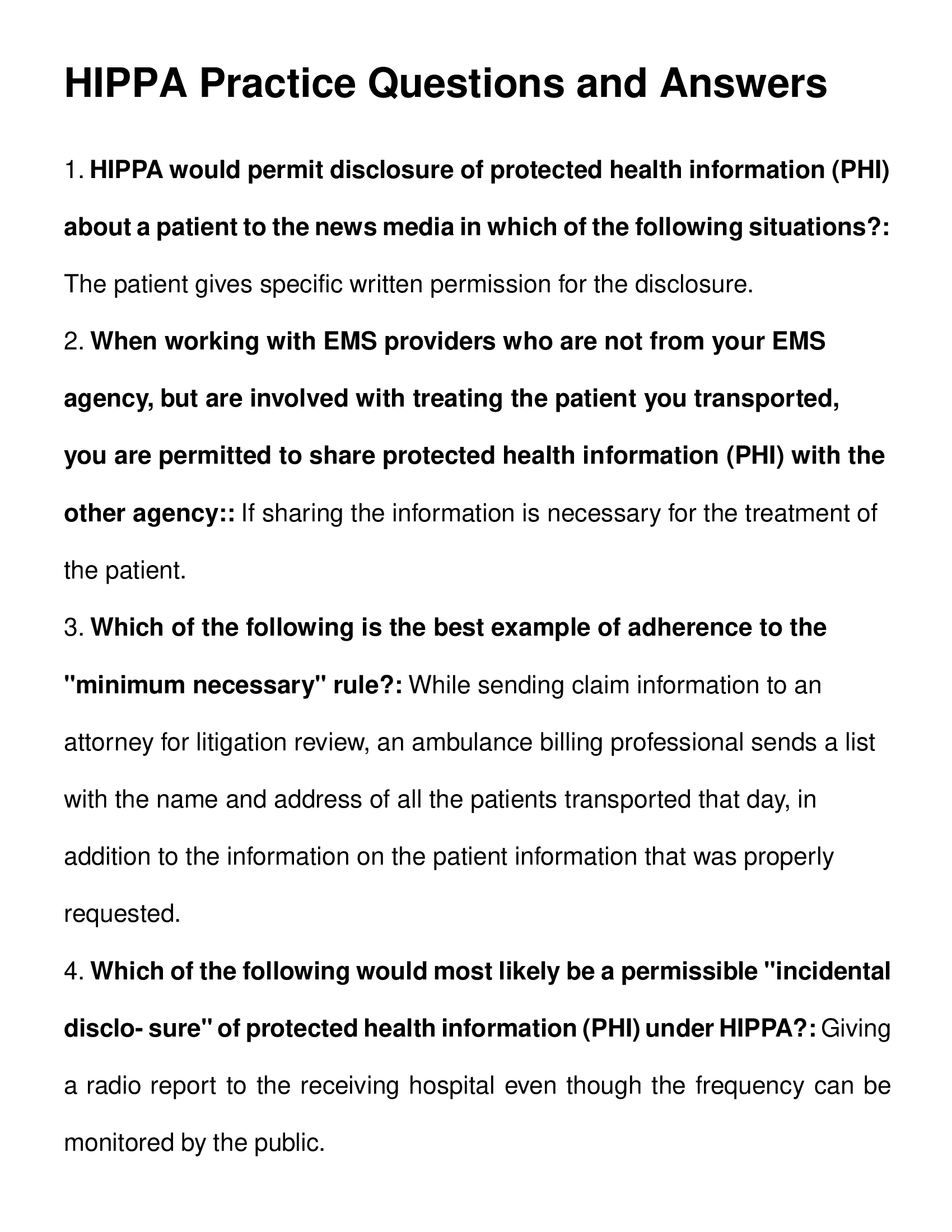 HIPPA Practice Questions and Answers